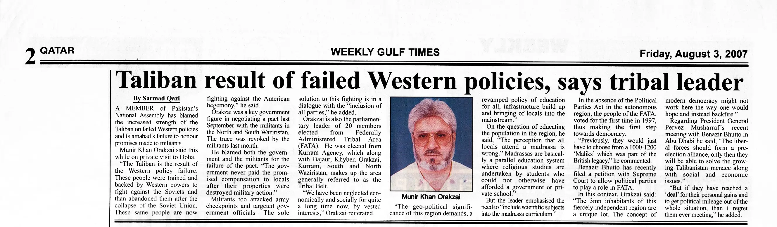 Original Gulf Times clipping: Taliban result of failed Western policies, says tribal leader