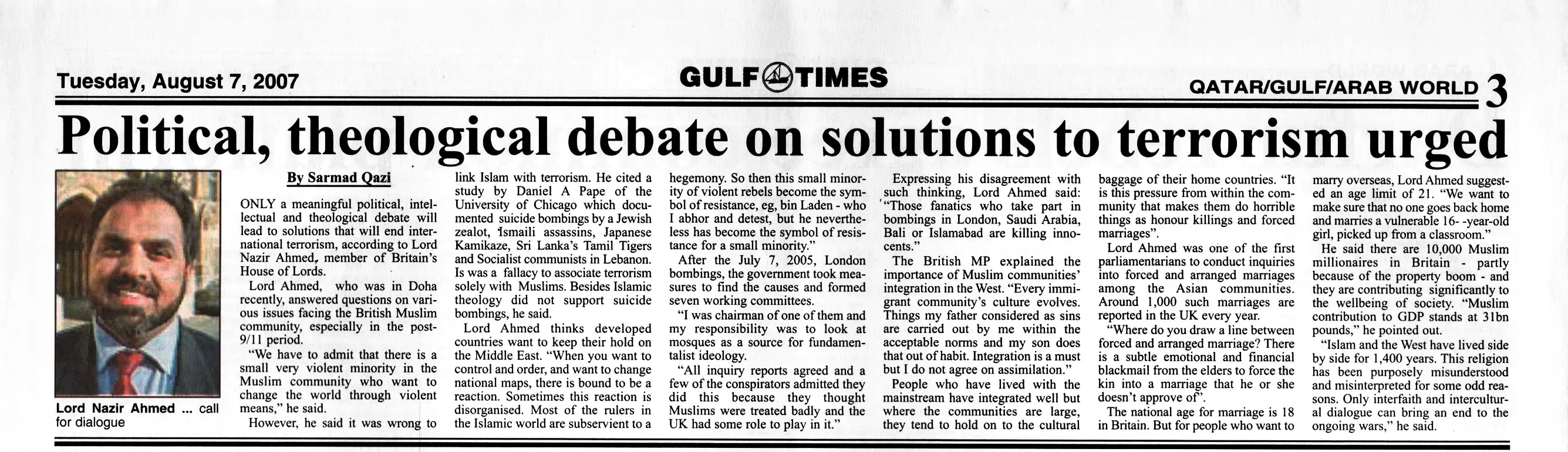Original Gulf Times clipping: Political, theological debate on solutions to terrorism urged