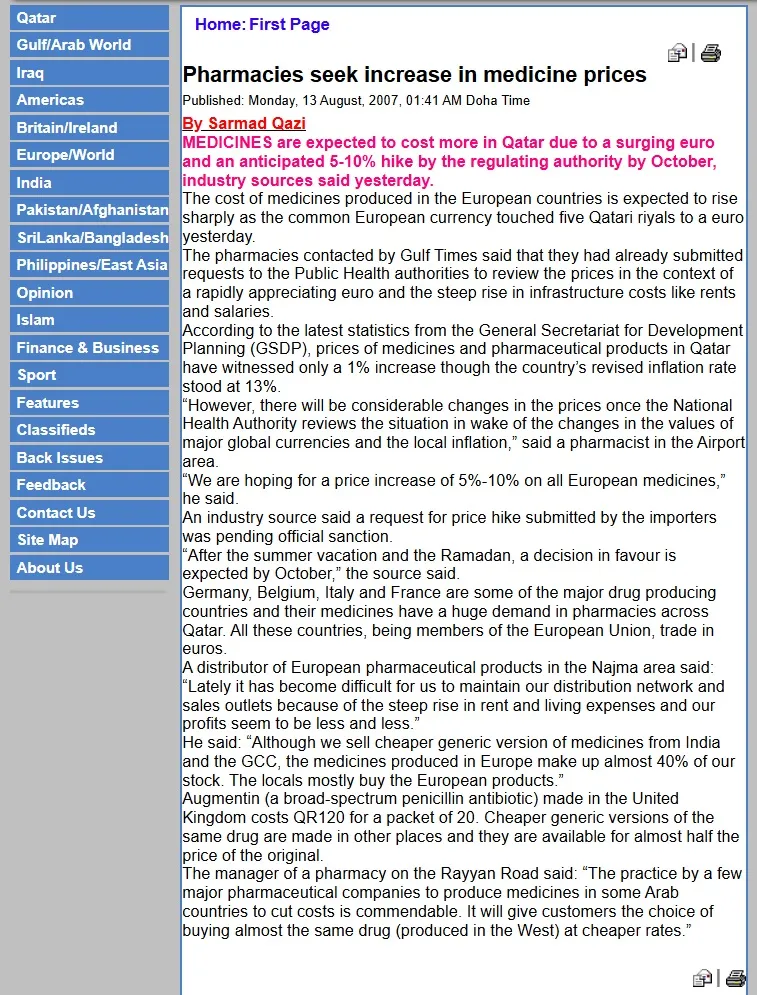 Original Gulf Times clipping: Pharmacies seek increase in medicine prices