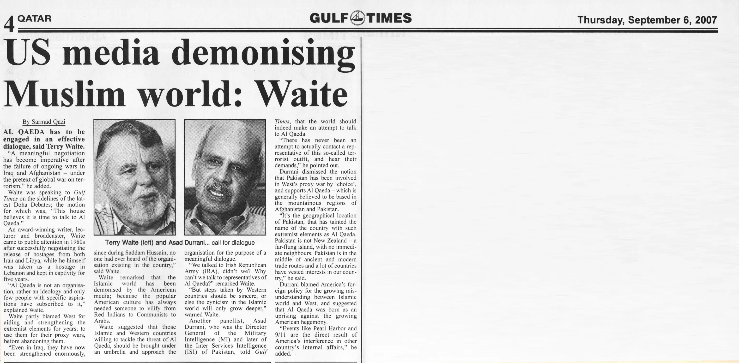 Original Gulf Times clipping: US media demonising Muslim world: Waite
