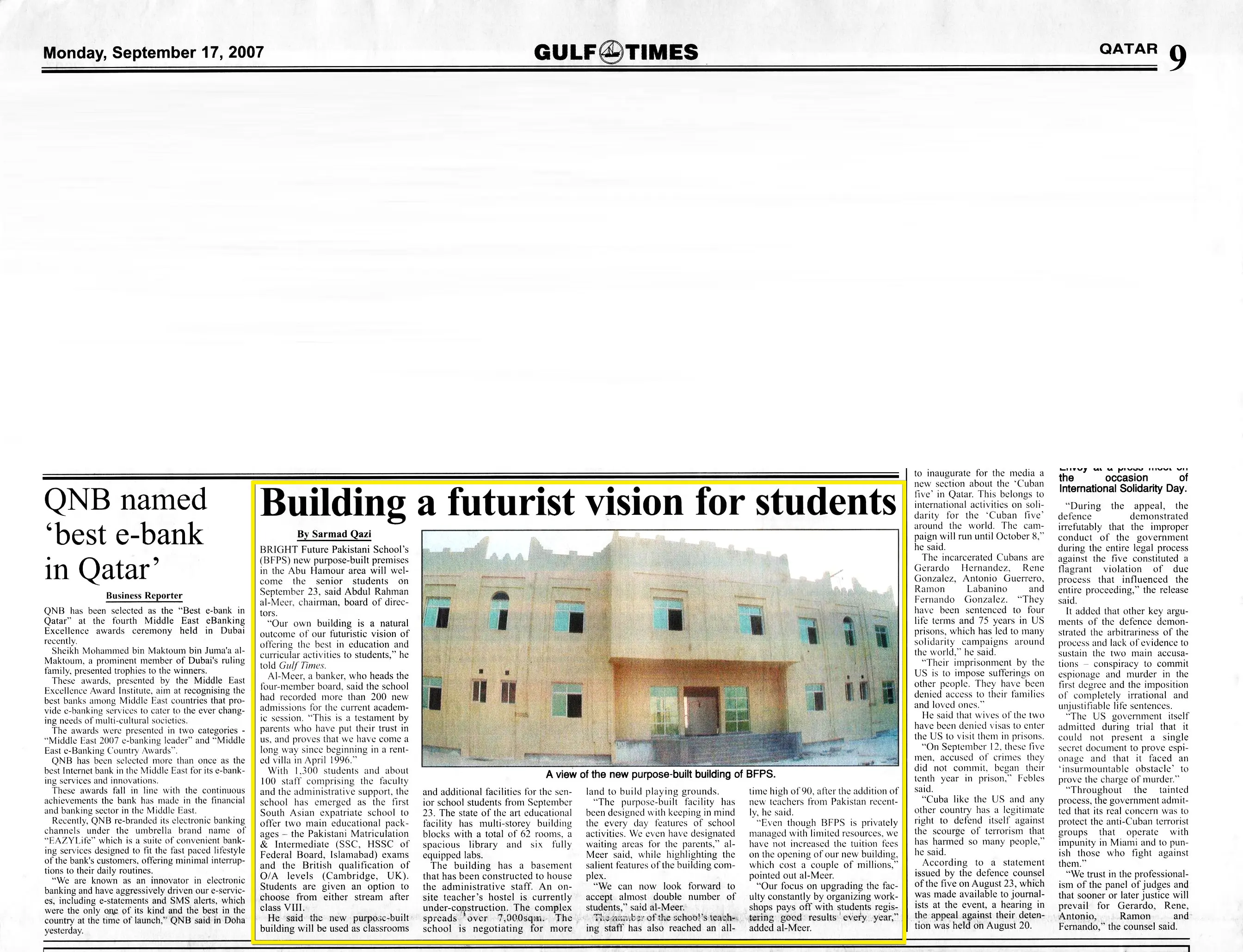 Original Gulf Times clipping: Building a futurist vision for students