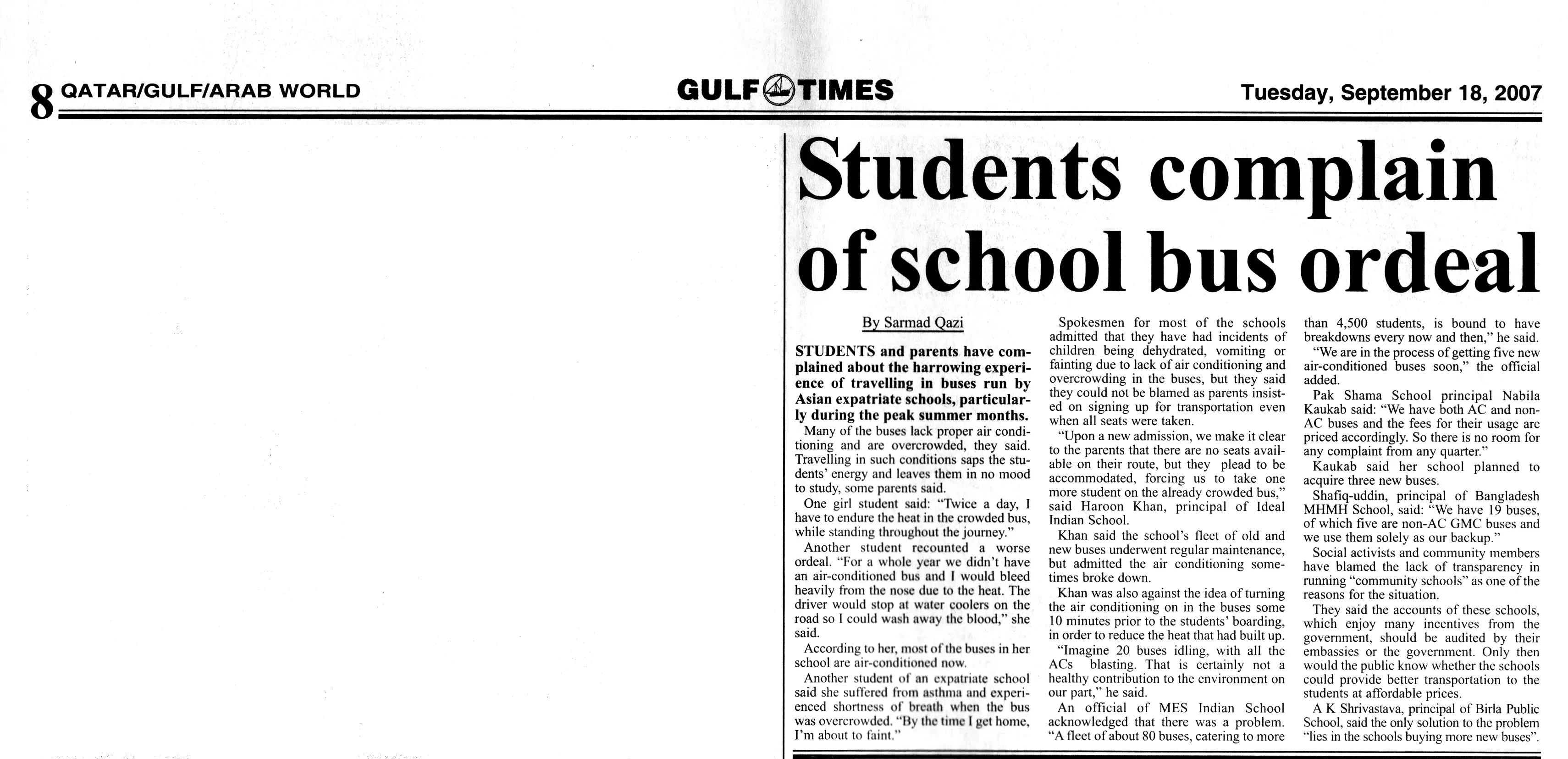 Original Gulf Times clipping: Students complain of school bus ordeal