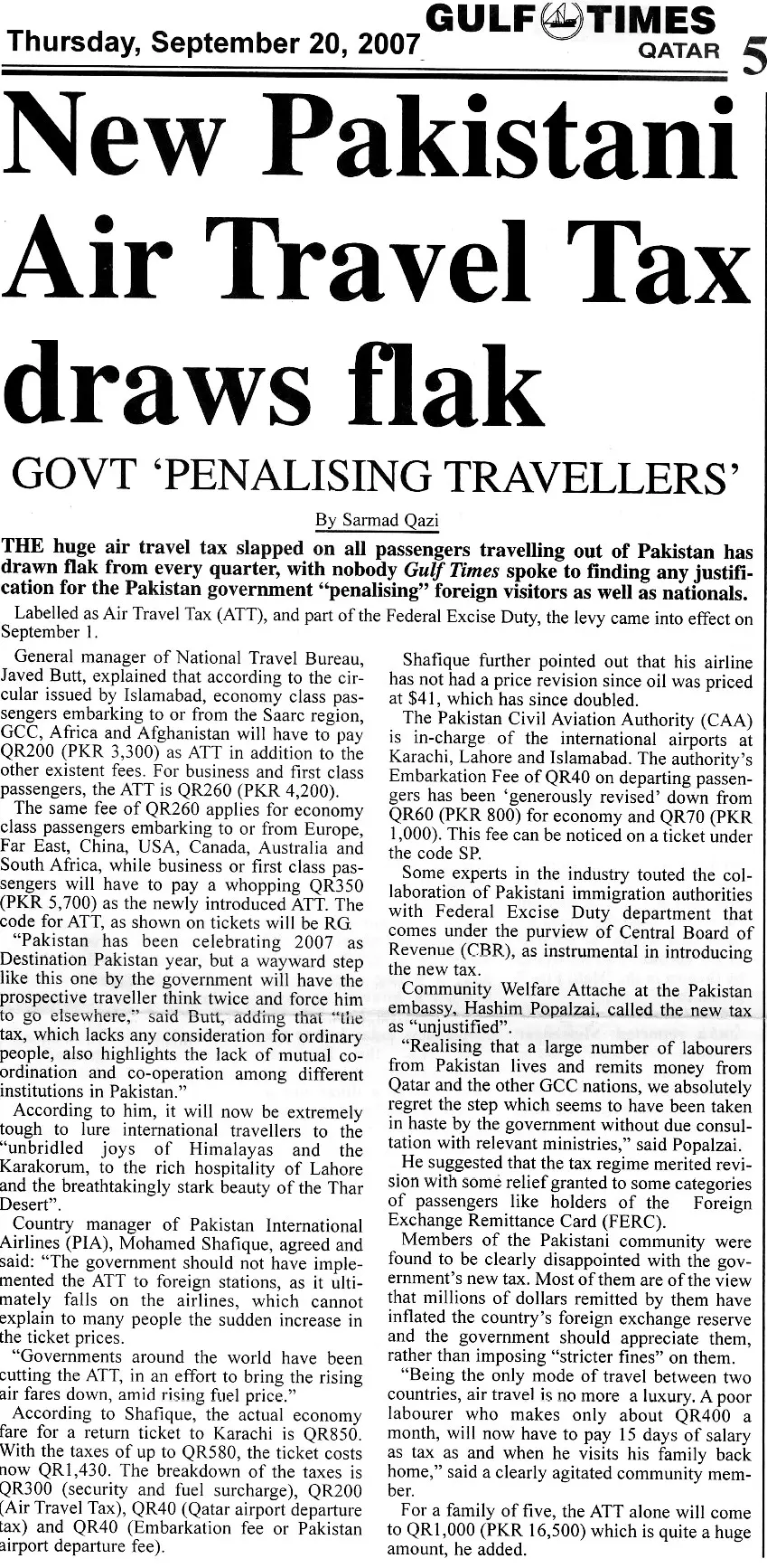 Original Gulf Times clipping: New Pakistani Air Travel Tax draws flak