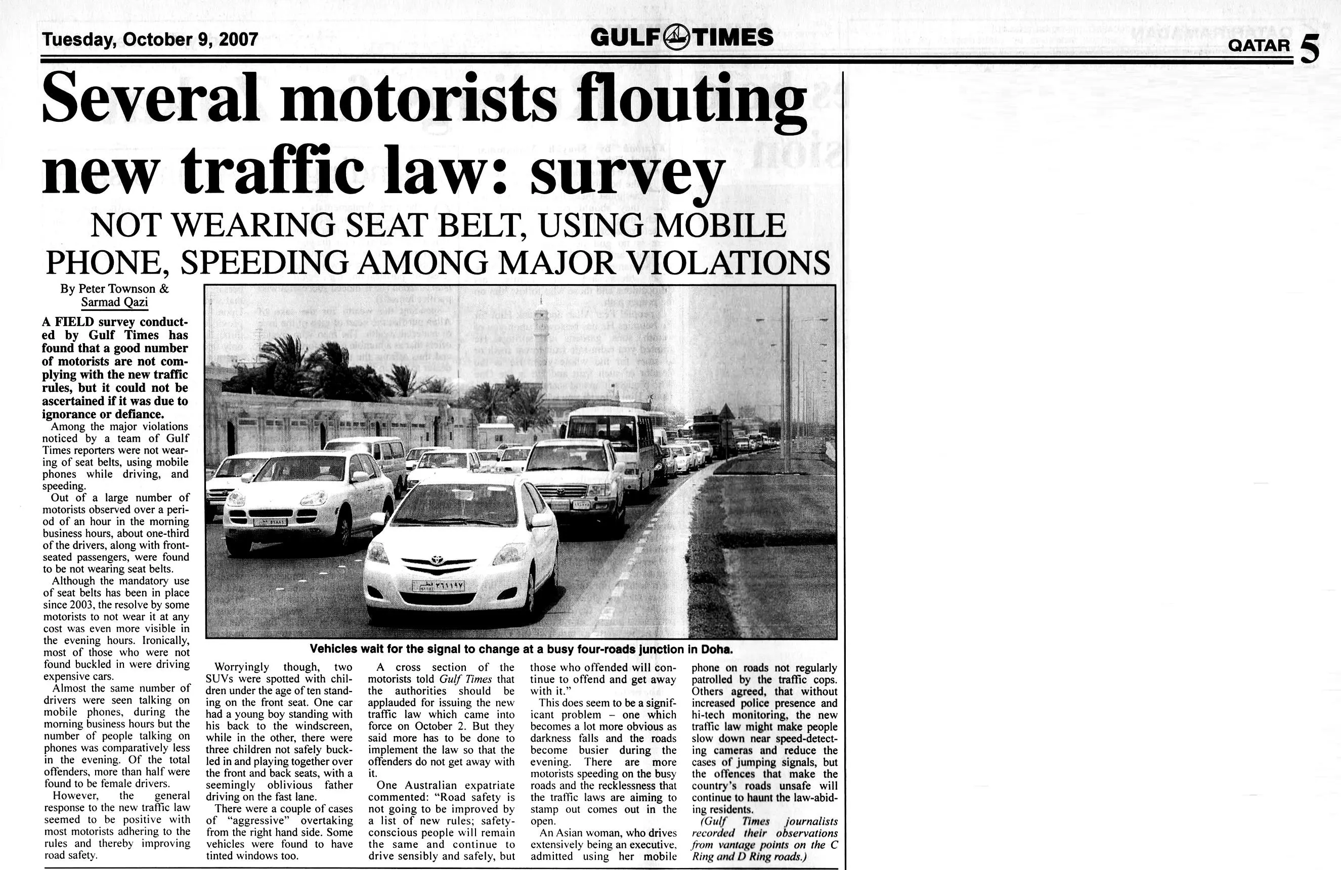 Original Gulf Times clipping: Several motorists flouting new traffic law: survey