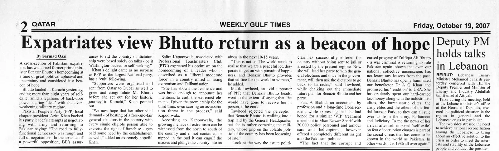 Original Gulf Times clipping: Expatriates view Bhutto return as a beacon of hope