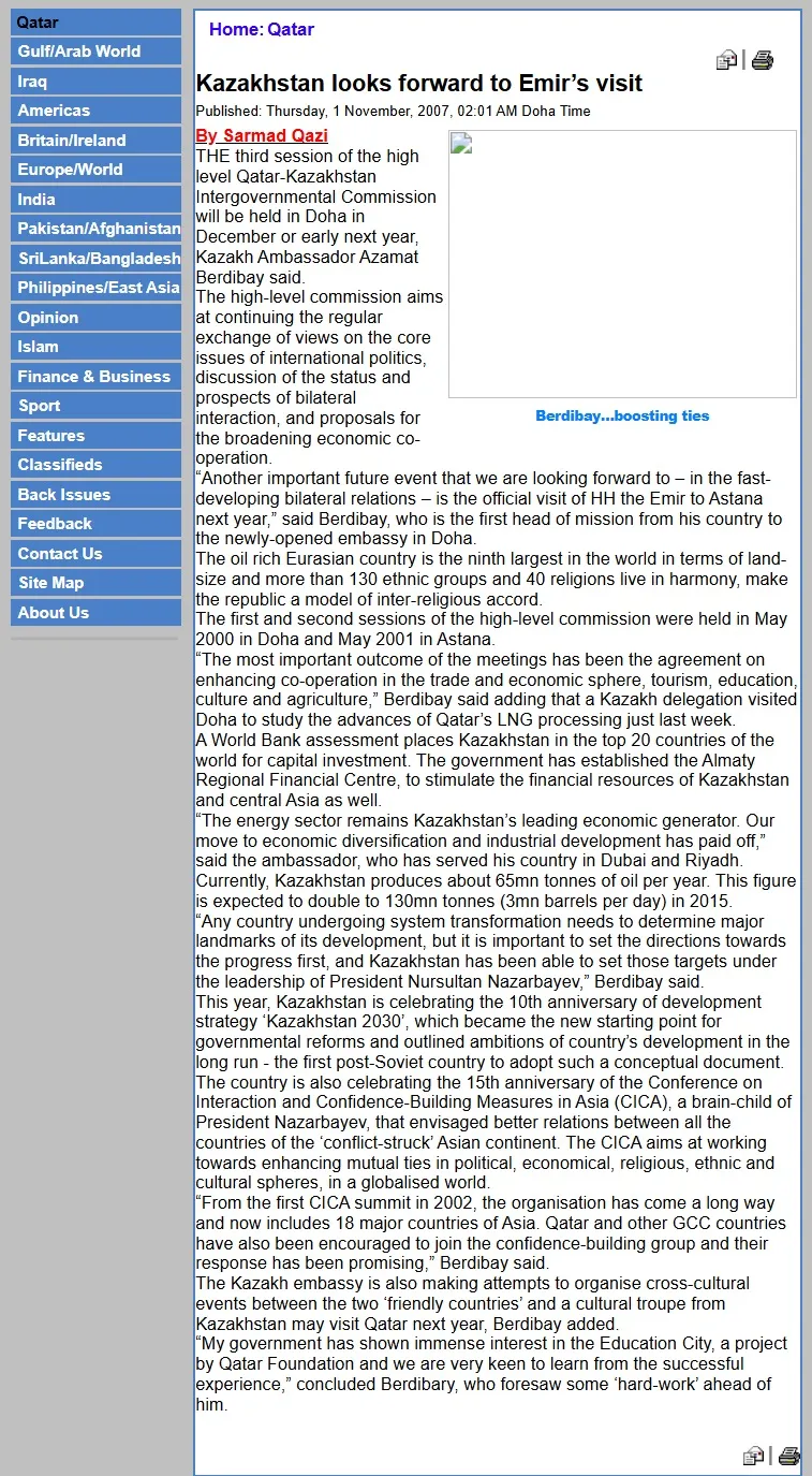 Original Gulf Times clipping: Kazakhstan looks forward to Emir’s visit