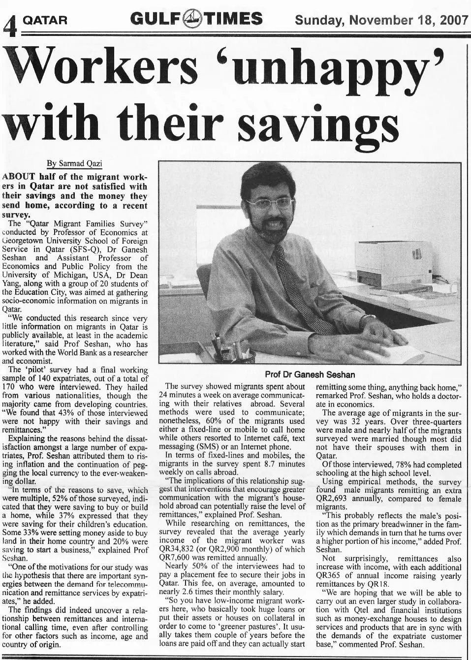 Original Gulf Times clipping: Workers 'unhappy' with their savings