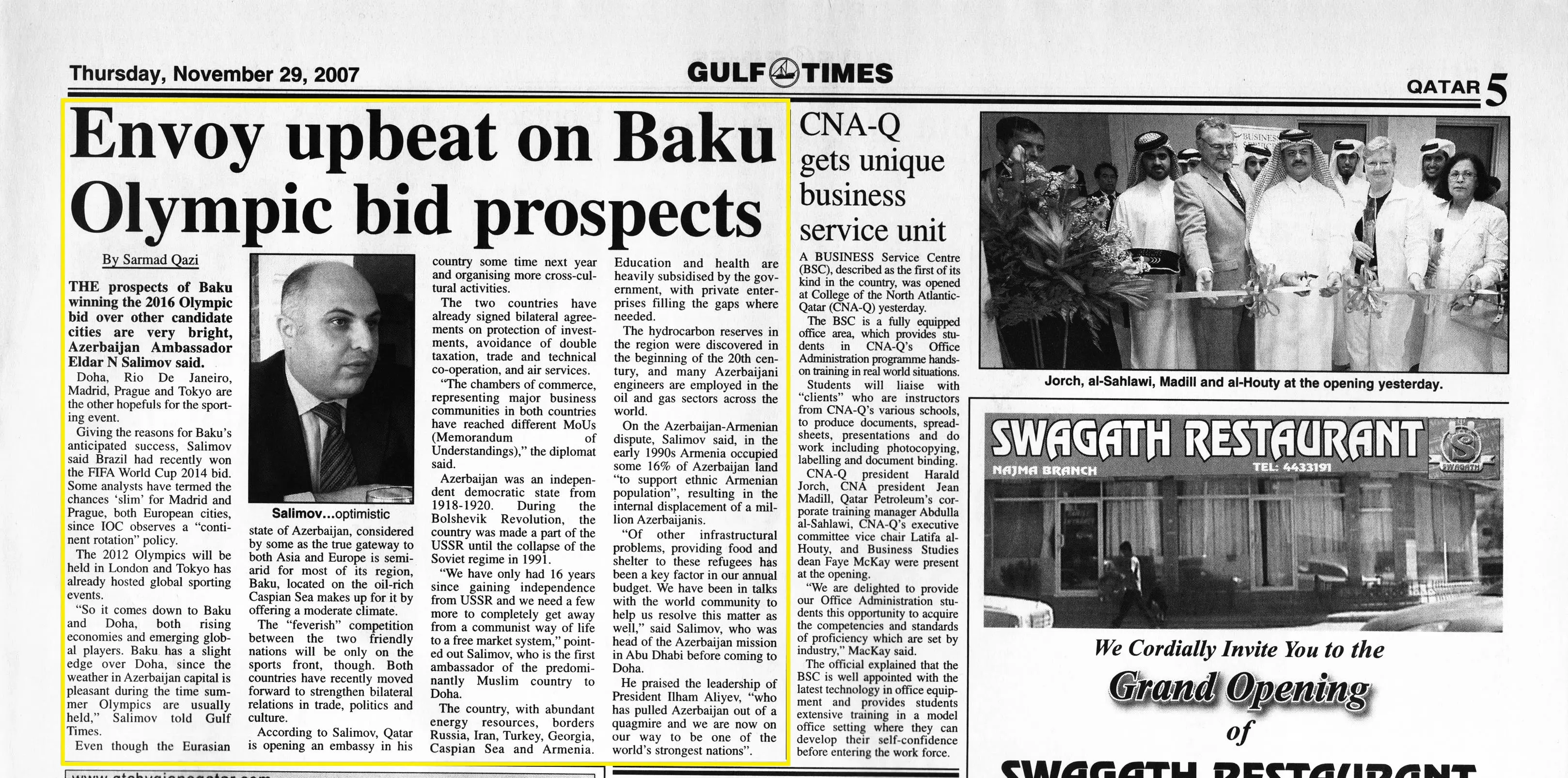 Original Gulf Times clipping: Envoy upbeat on Baku Olympic bid prospects