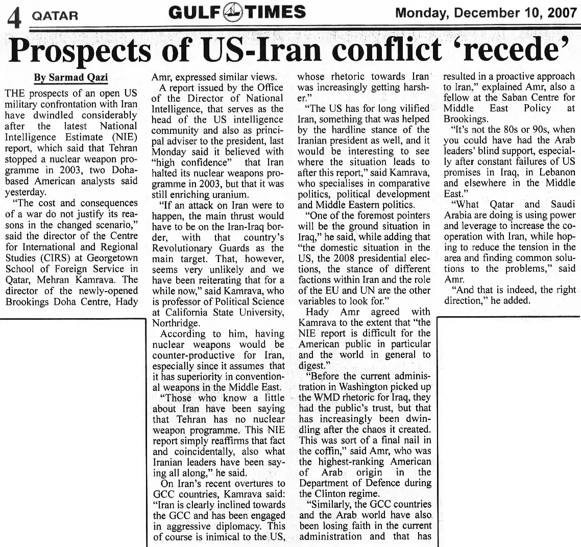 Original Gulf Times clipping: Prospects of US-Iran conflict 'recede'