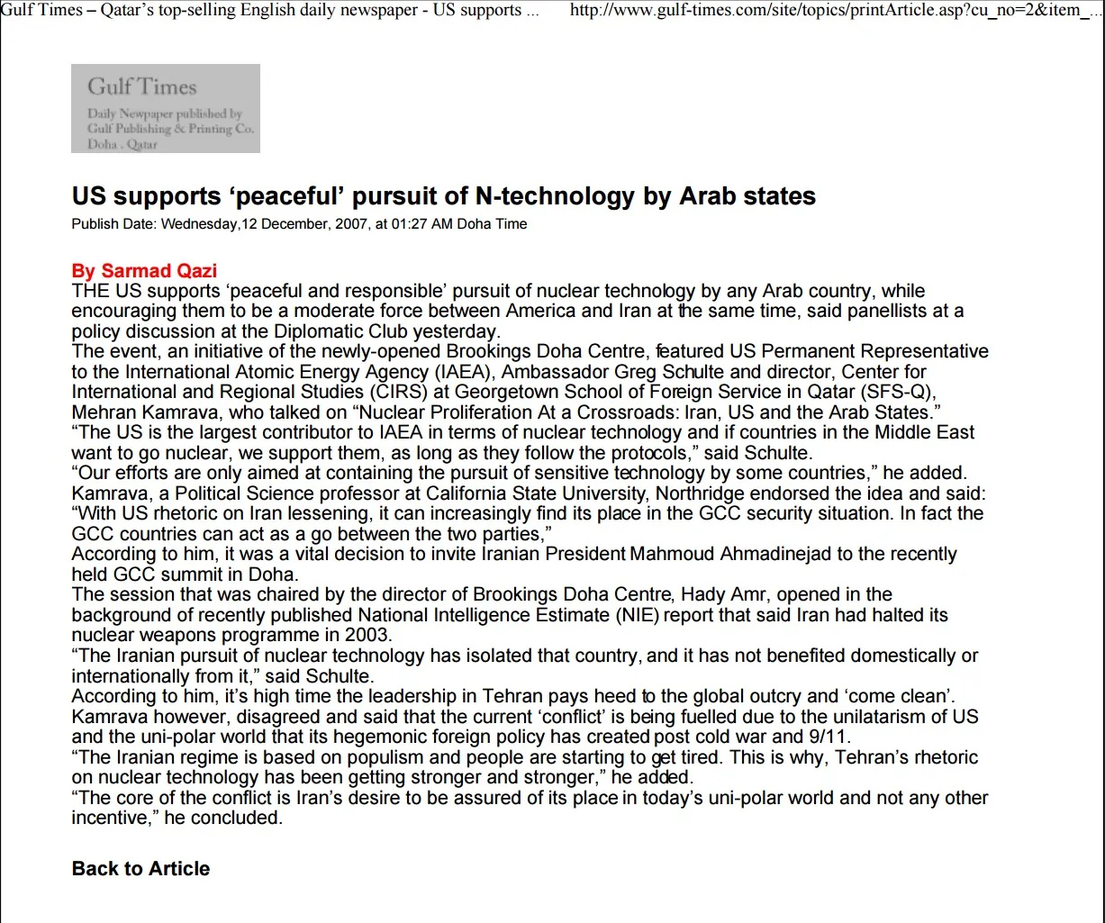 Original Gulf Times clipping: US supports 'peaceful' pursuit of N-technology by Arab states