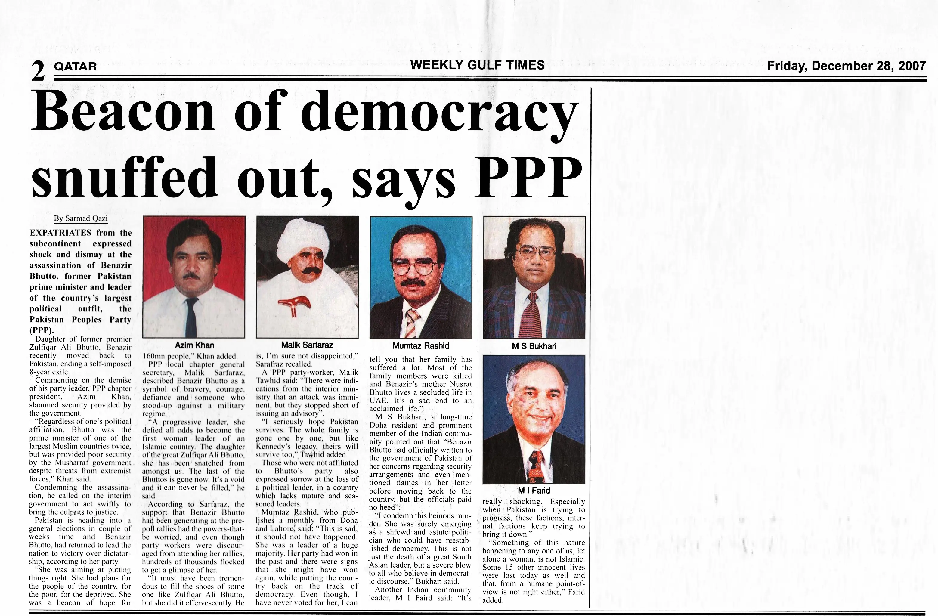 Original Gulf Times clipping: Beacon of democracy snuffed out, says PPP