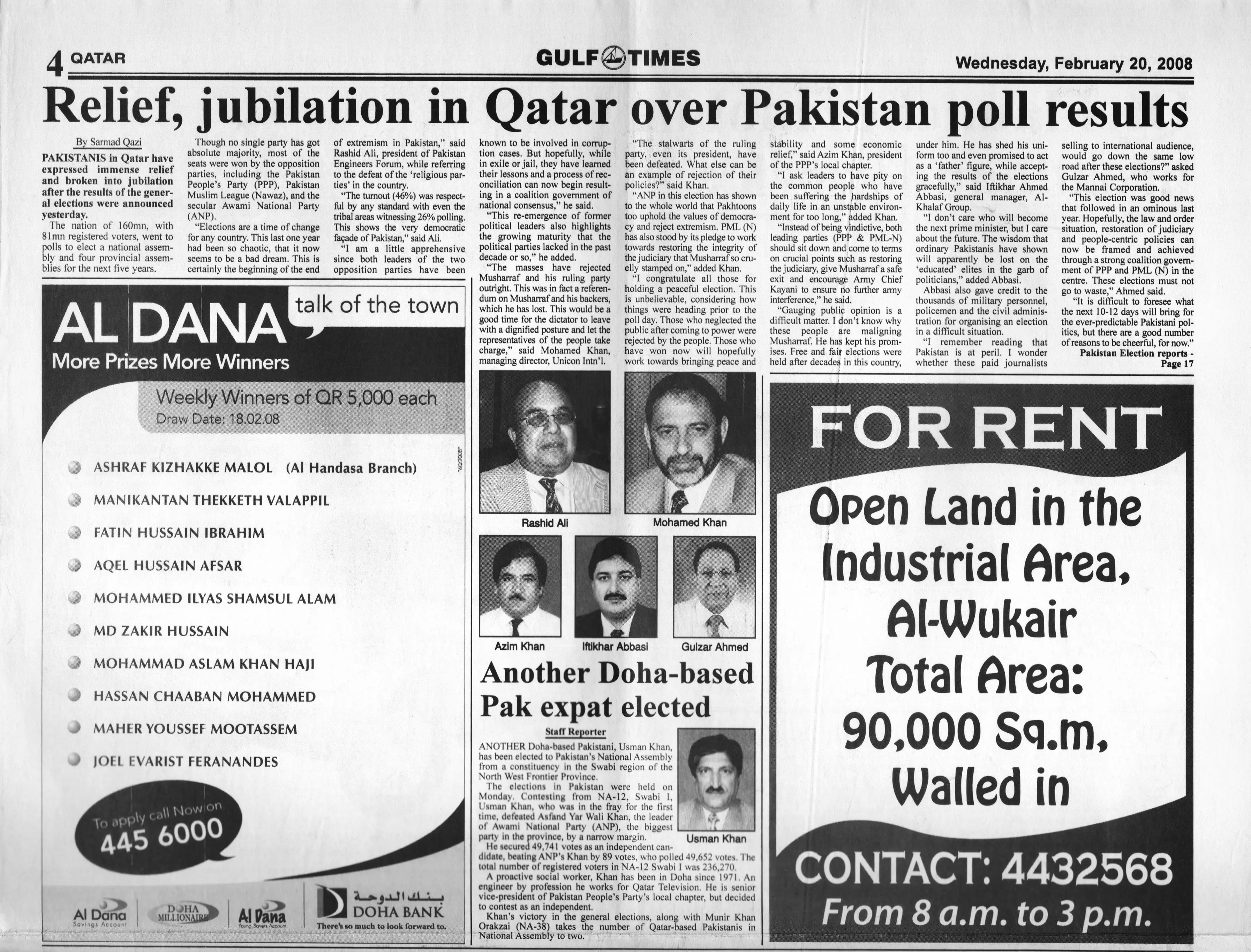 Original Gulf Times clipping: Relief, jubilation in Qatar over Pakistan poll results