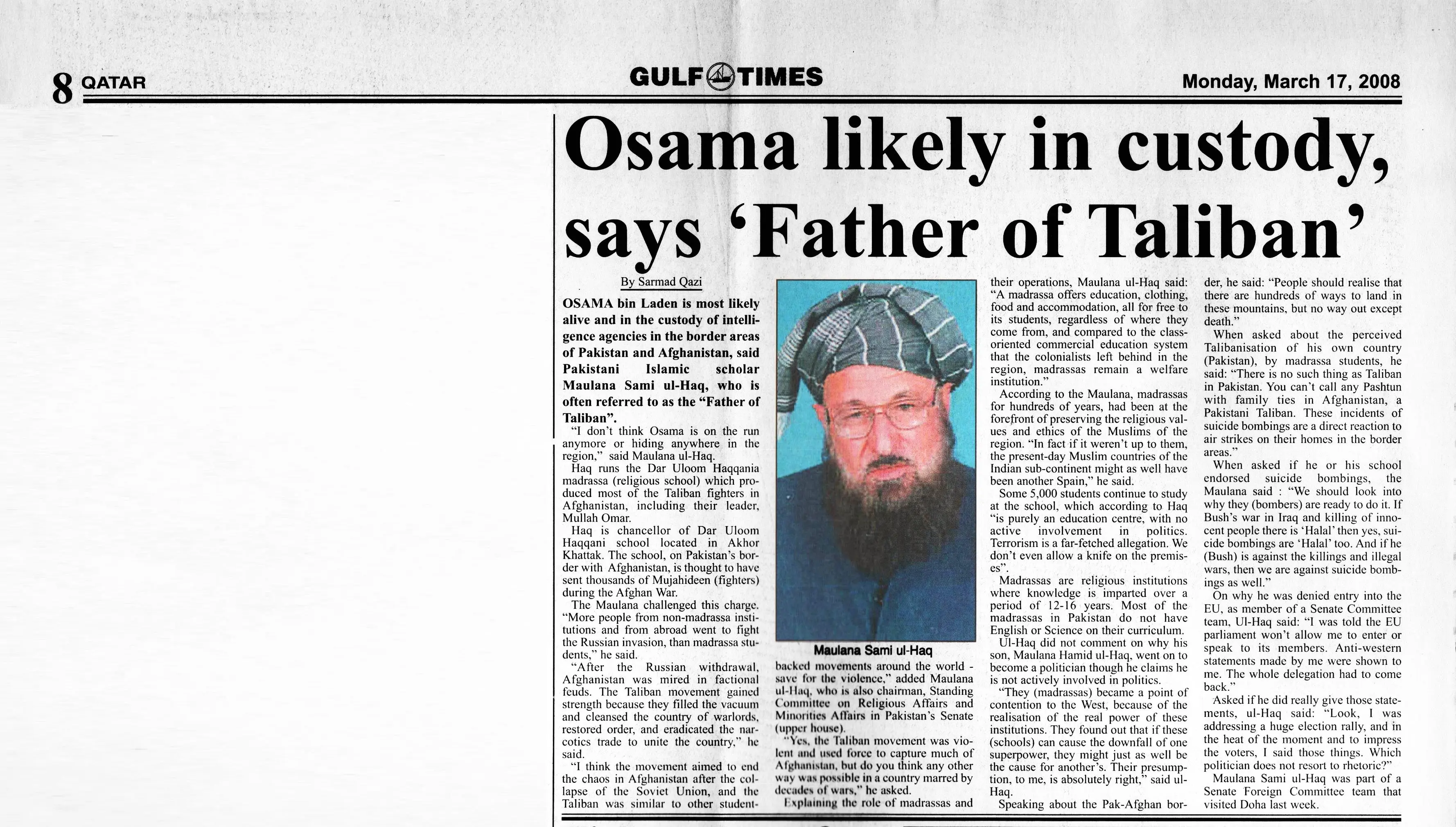 Original Gulf Times clipping: Osama likely in custody, says 'Father of Taliban'