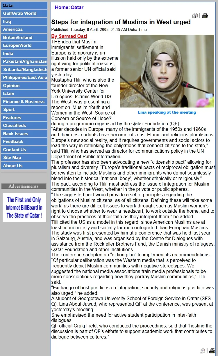 Original Gulf Times clipping: Steps for integration of Muslims in West urged