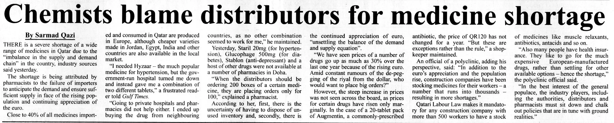 Original Gulf Times clipping: Chemists blame distributors for medicine shortage