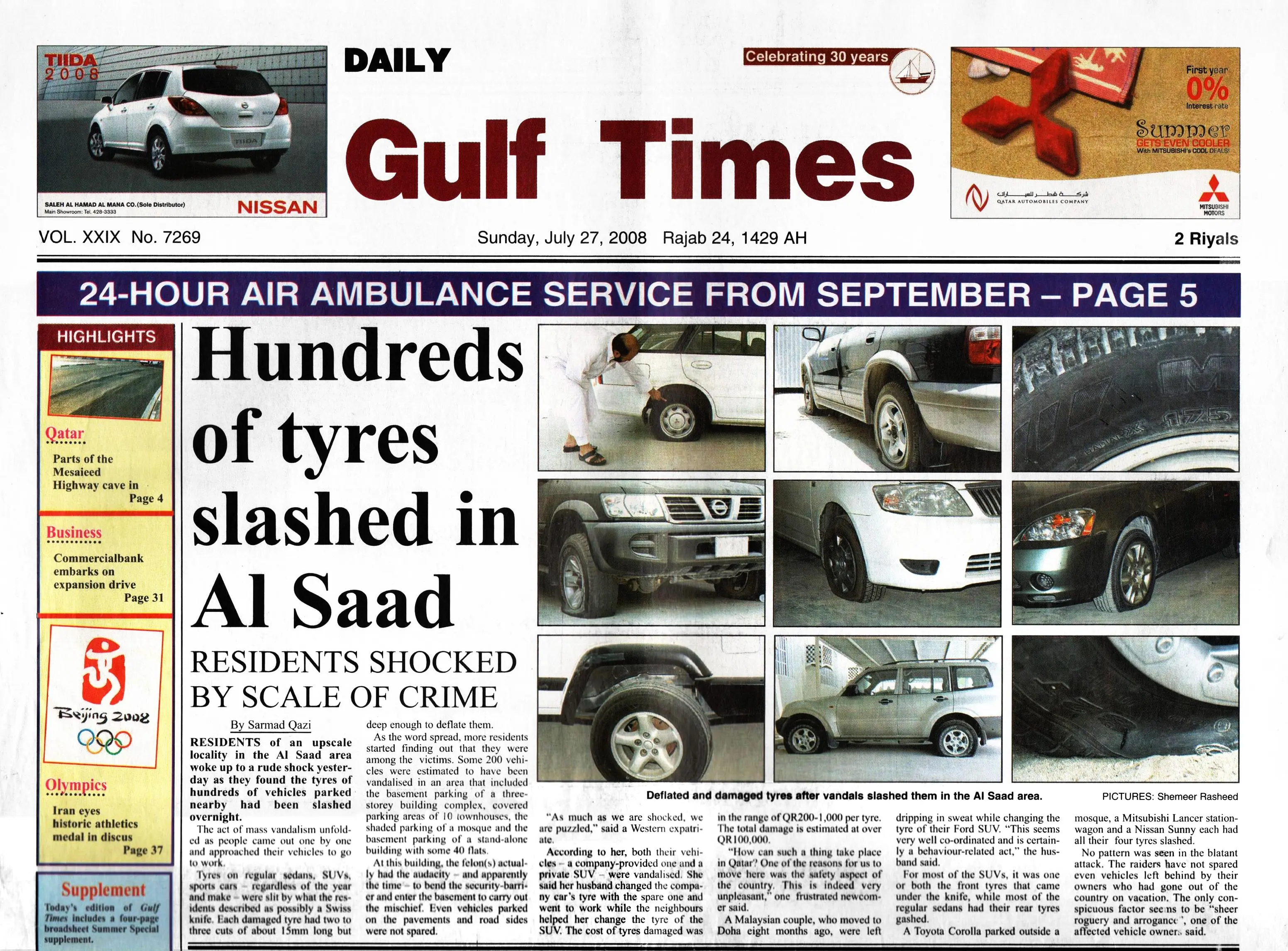 Original Gulf Times clipping: Hundreds of tyres slashed in Al Saad