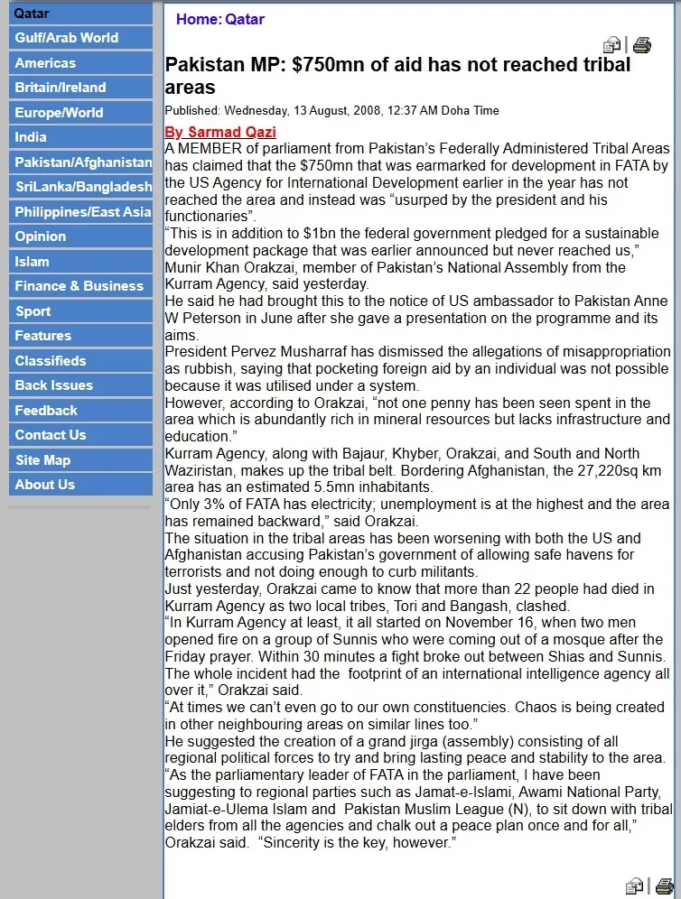 Original Gulf Times clipping: Pakistan MP: $750mn of aid has not reached tribal areas