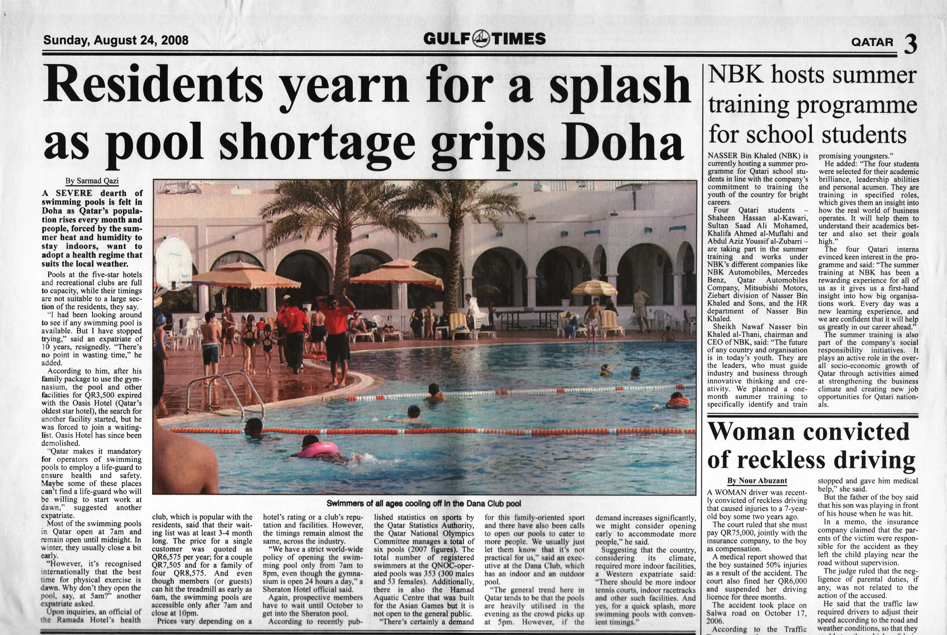 Original Gulf Times clipping: Residents yearn for a splash as pool shortage grips Doha