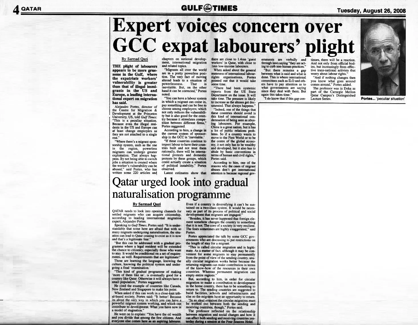 Original Gulf Times clipping: Expert voices concern over GCC expat labourers' plight