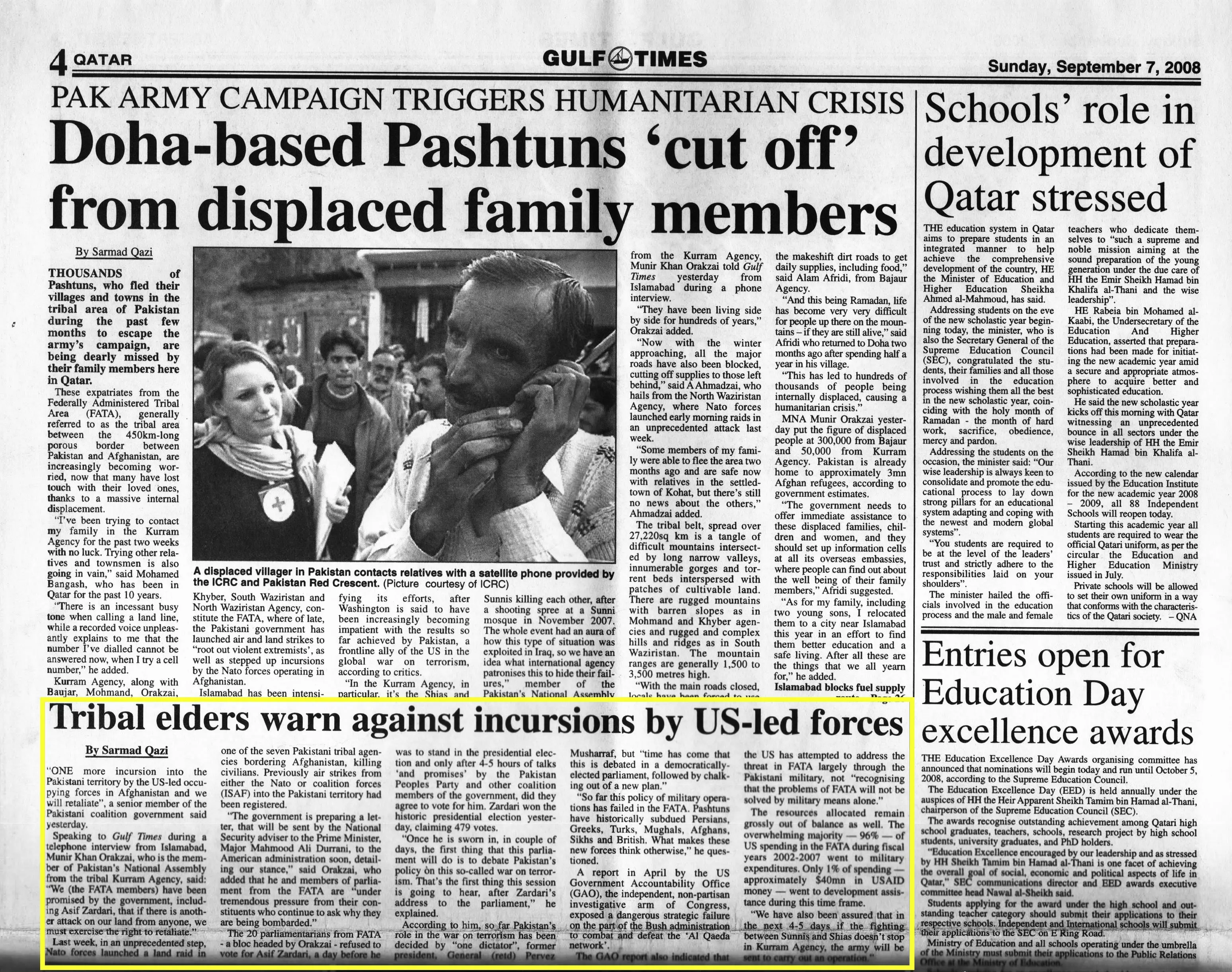 Original Gulf Times clipping: Tribal elders warn against incursions by US-led forces