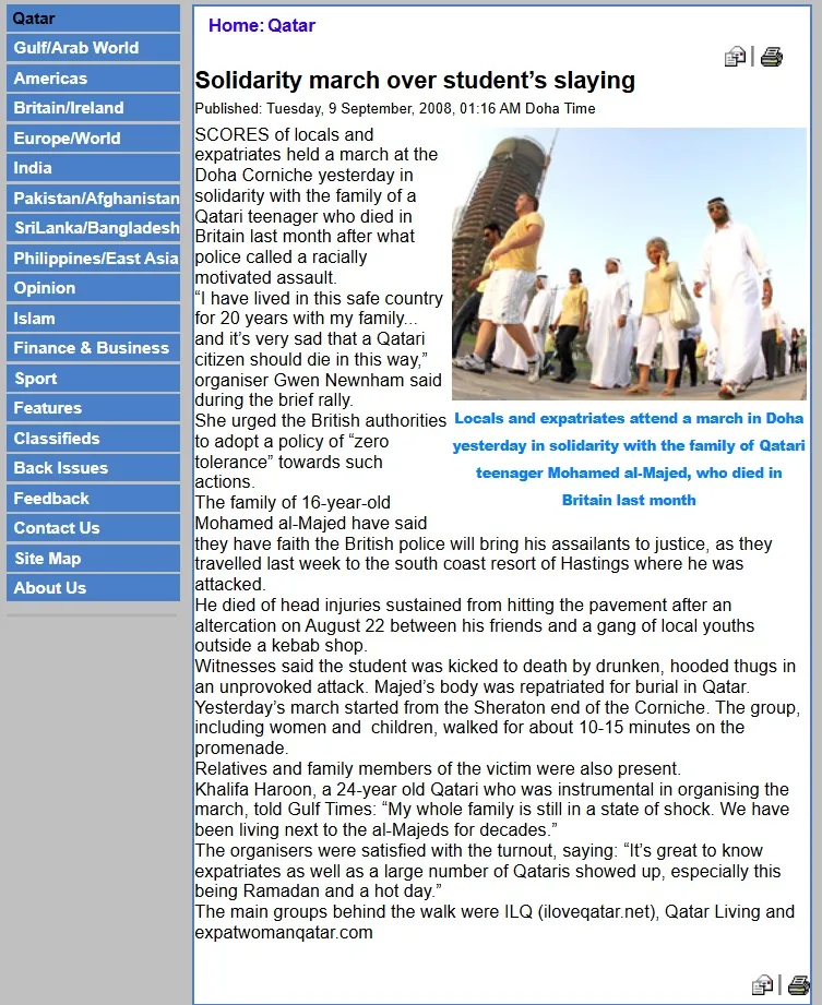 Original Gulf Times clipping: Solidarity march over student’s slaying