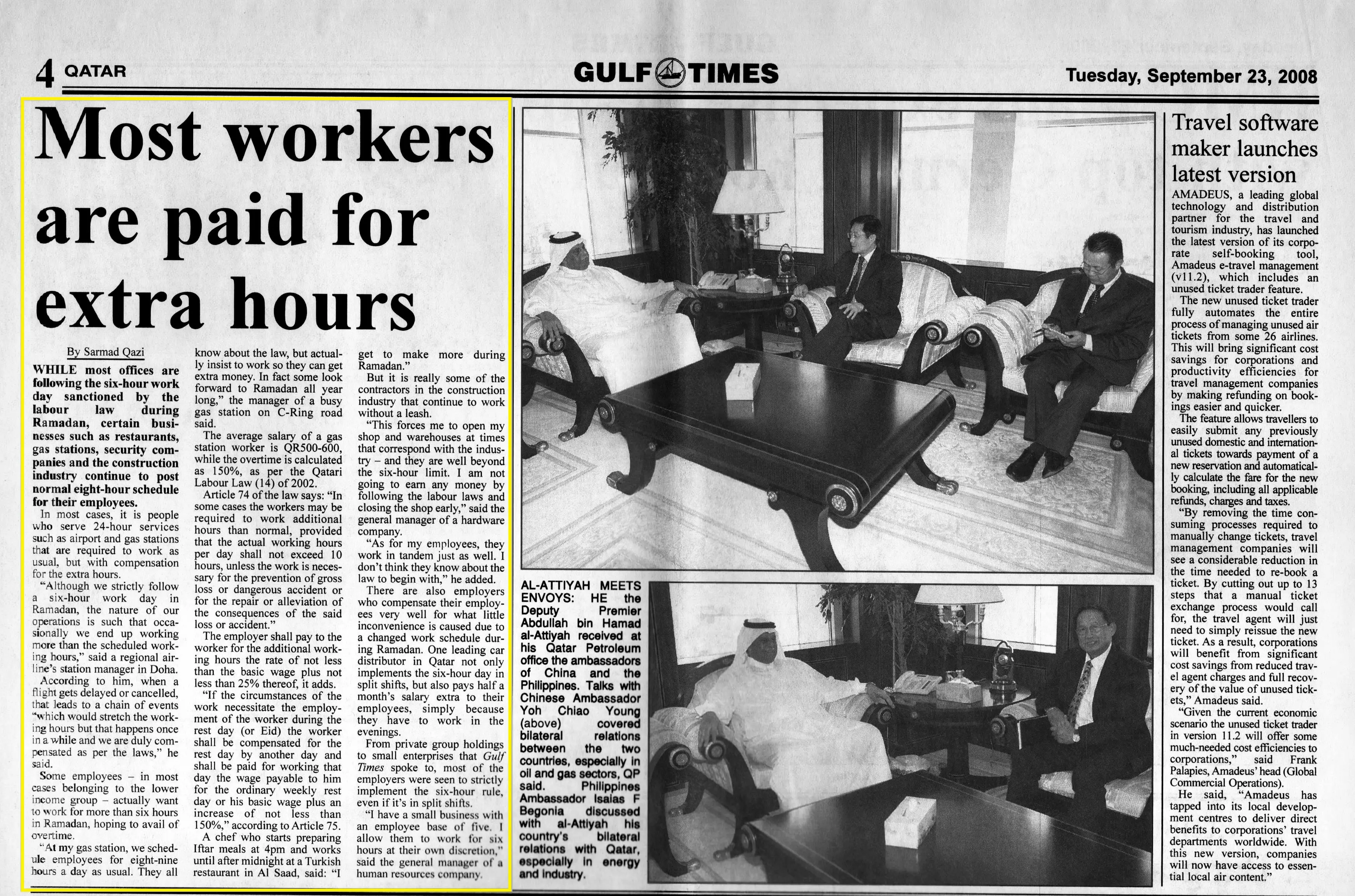 Original Gulf Times clipping: Most workers are paid for extra hours