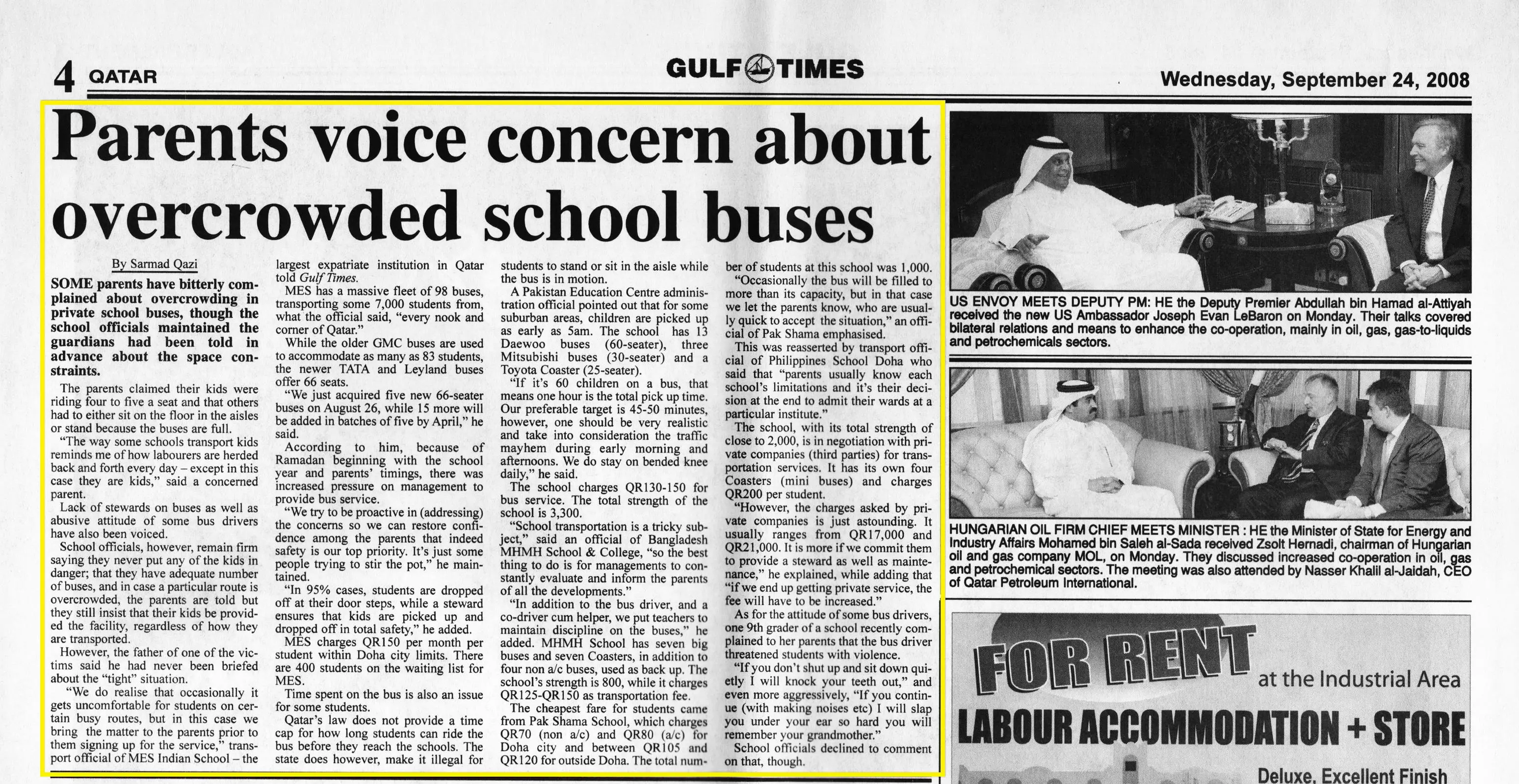 Original Gulf Times clipping: Parents voice concern about overcrowded school buses