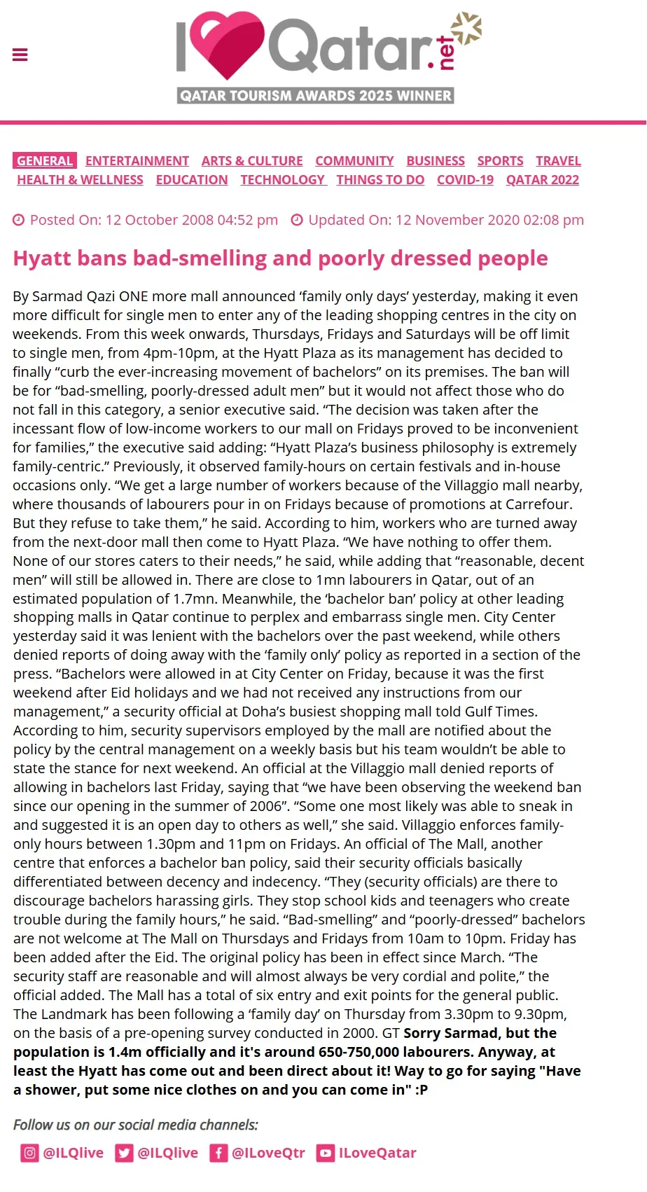 Original Gulf Times clipping: Hyatt bans bad-smelling and poorly smelled people