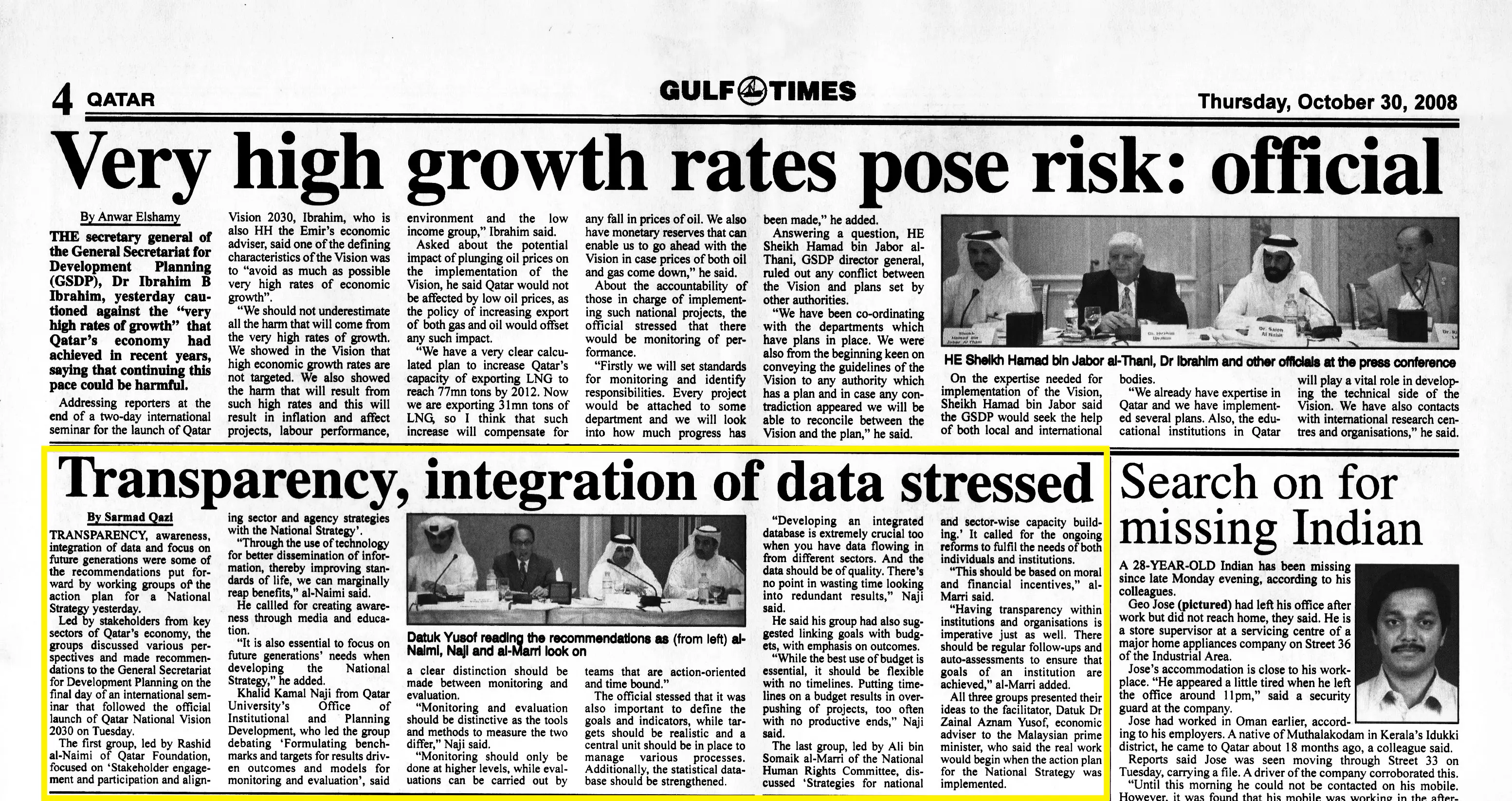 Original Gulf Times clipping: Transparency, integration of data stressed