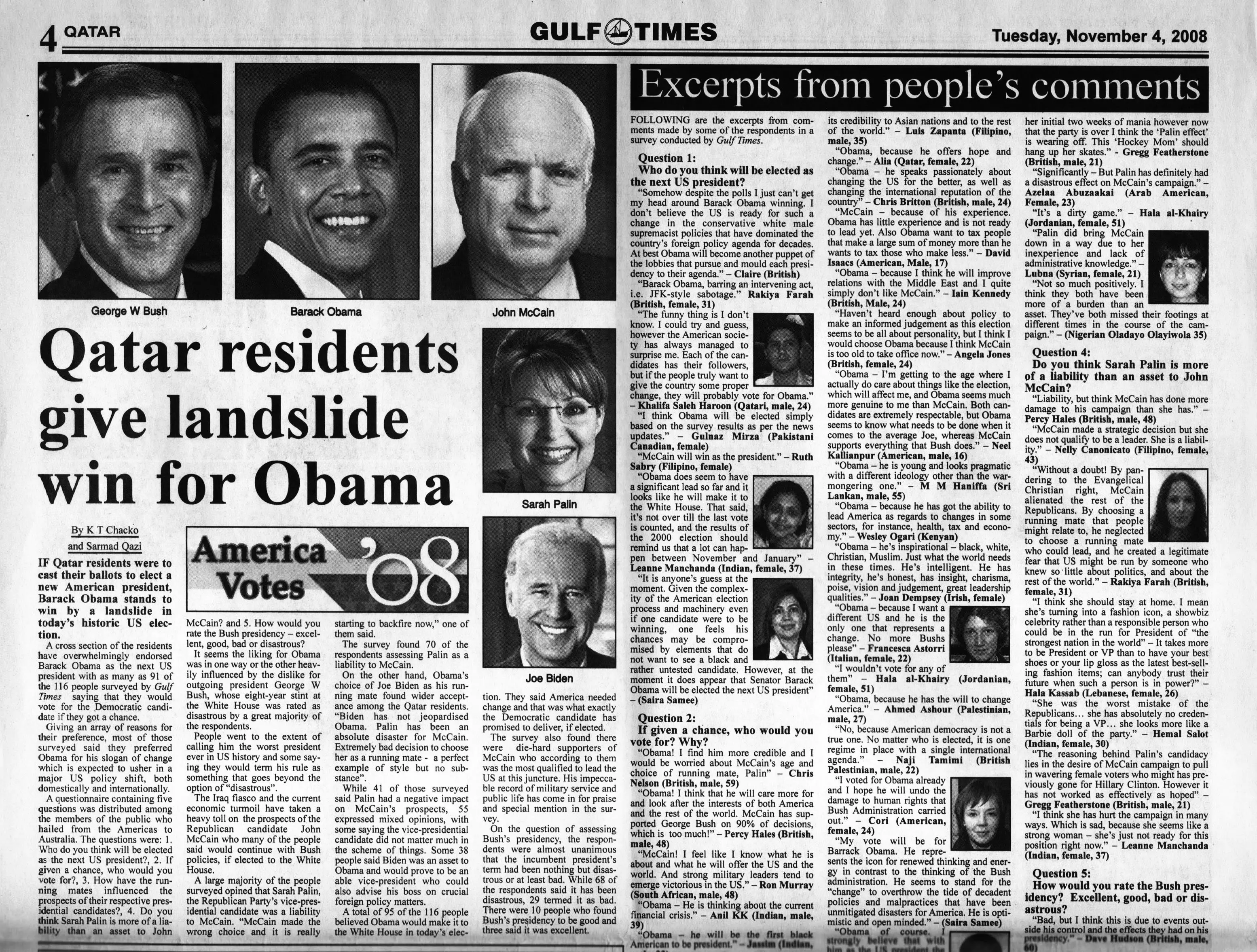 Original Gulf Times clipping: Qatar residents give landslide win for Obama