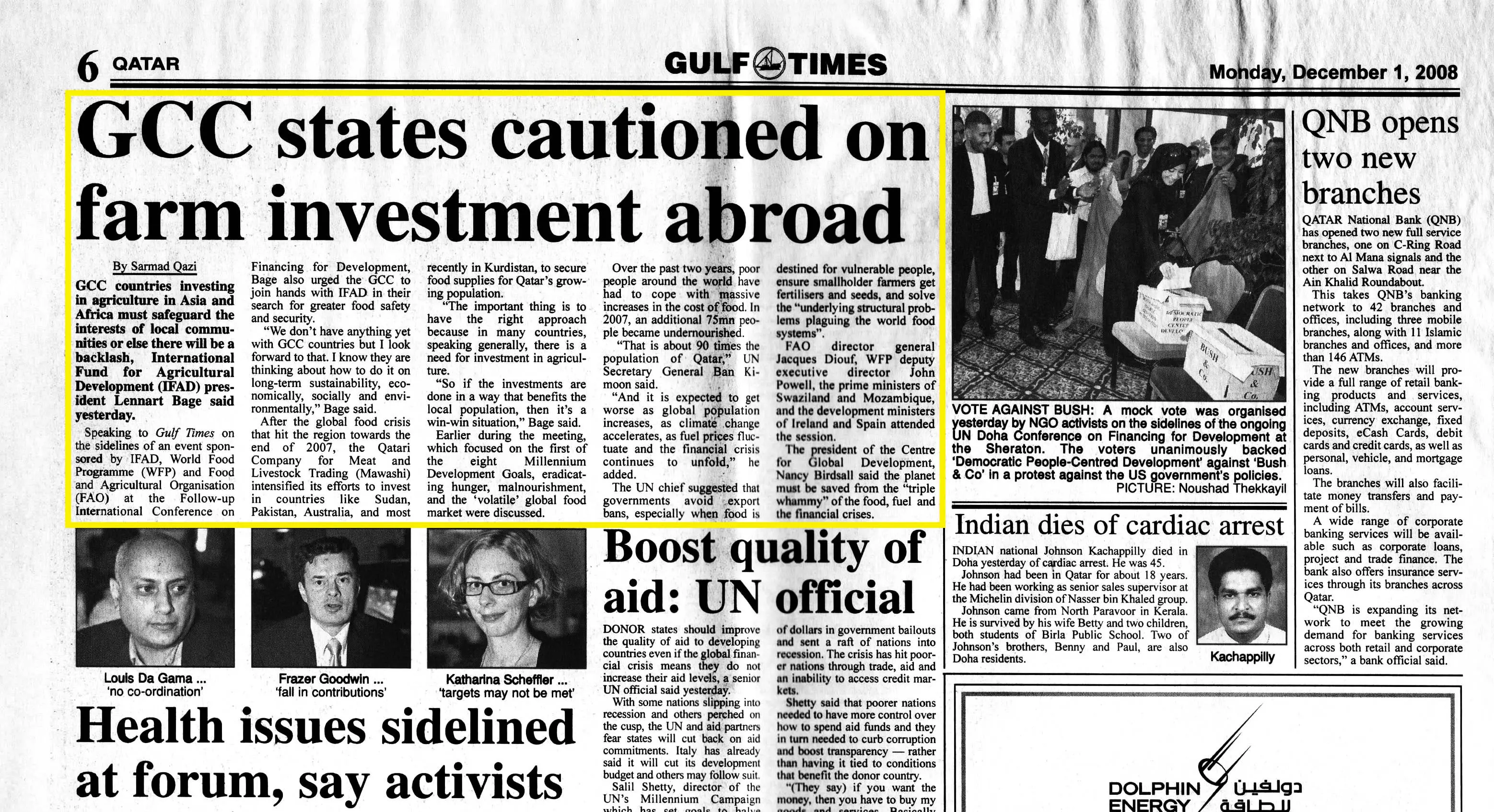 Original Gulf Times clipping: GCC states cautioned on farm investment abroad