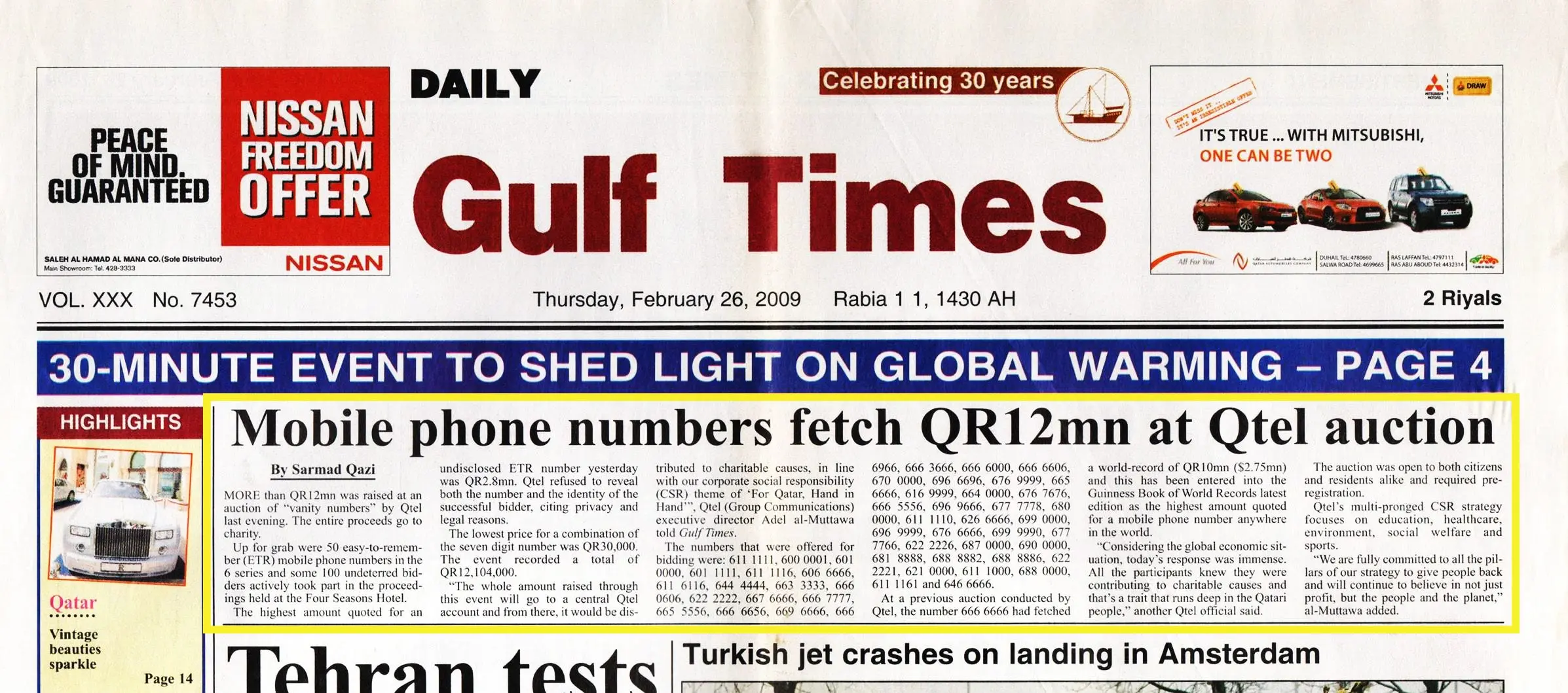 Original Gulf Times clipping: Mobile phone numbers fetch QR12mn at Qtel auction