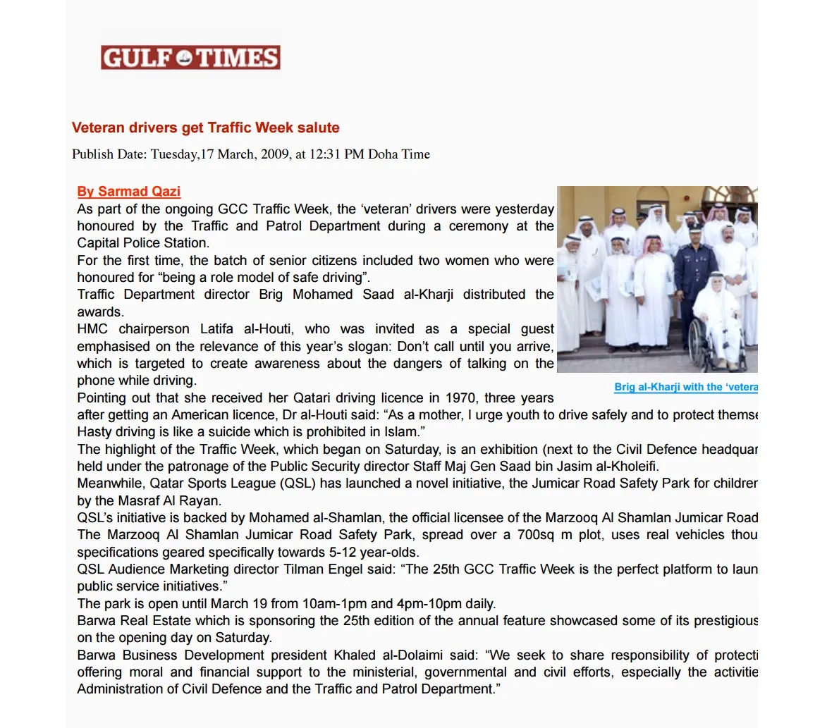 Original Gulf Times clipping: Veteran drivers get Traffic Week salute