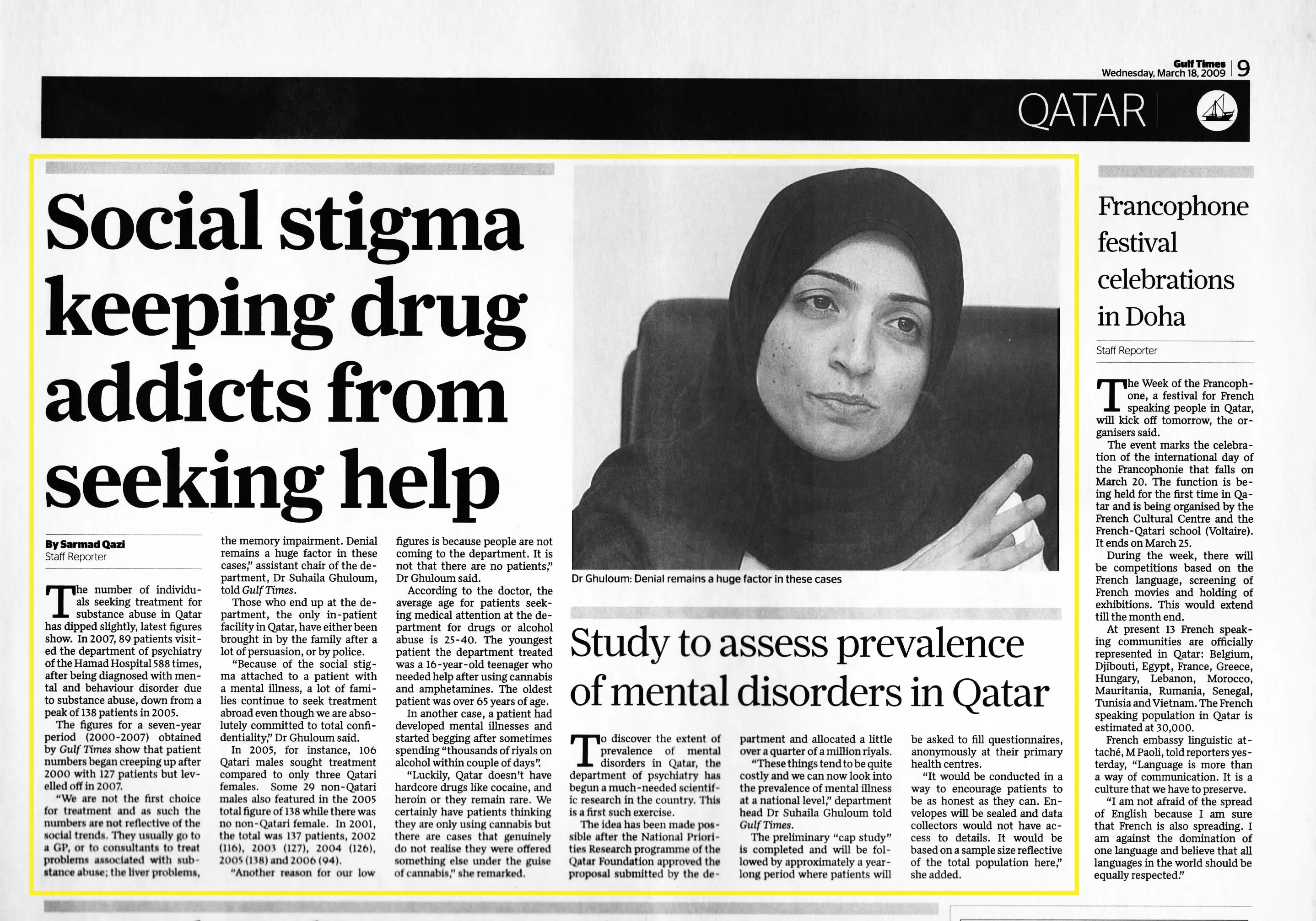 Original Gulf Times clipping: Social stigma keeping drug addicts from seeking help