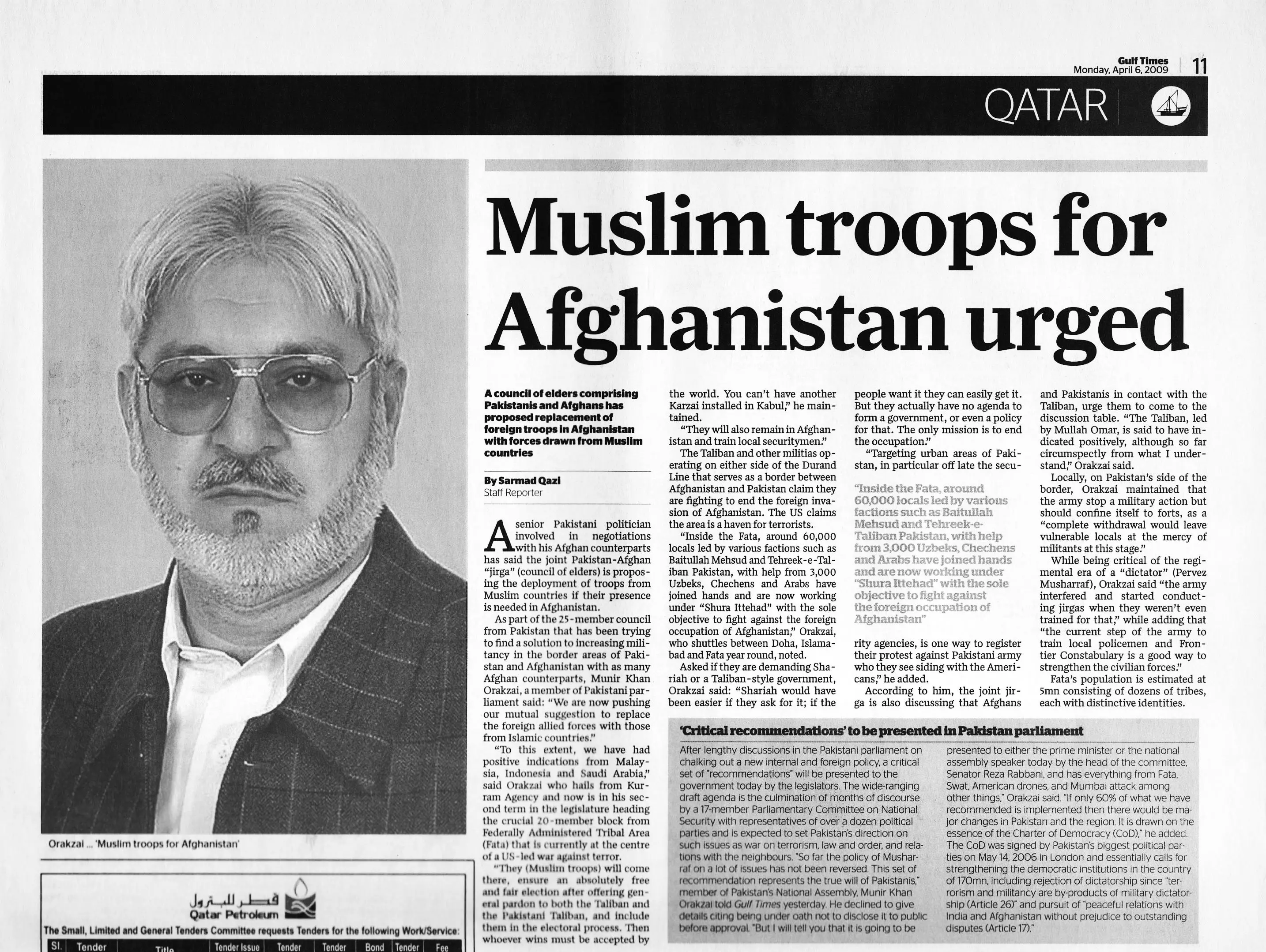 Original Gulf Times clipping: Muslim troops for Afghanistan urged