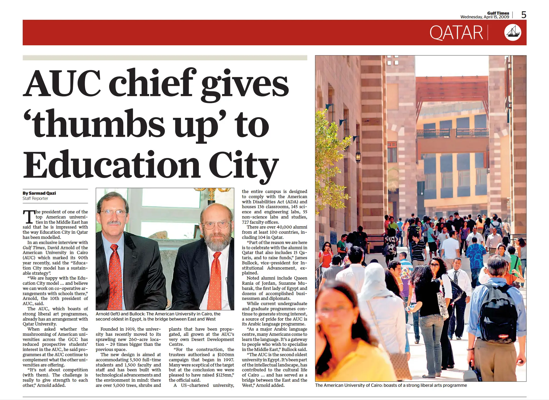 Original Gulf Times clipping: AUC chief gives 'thumbs up' to Education City