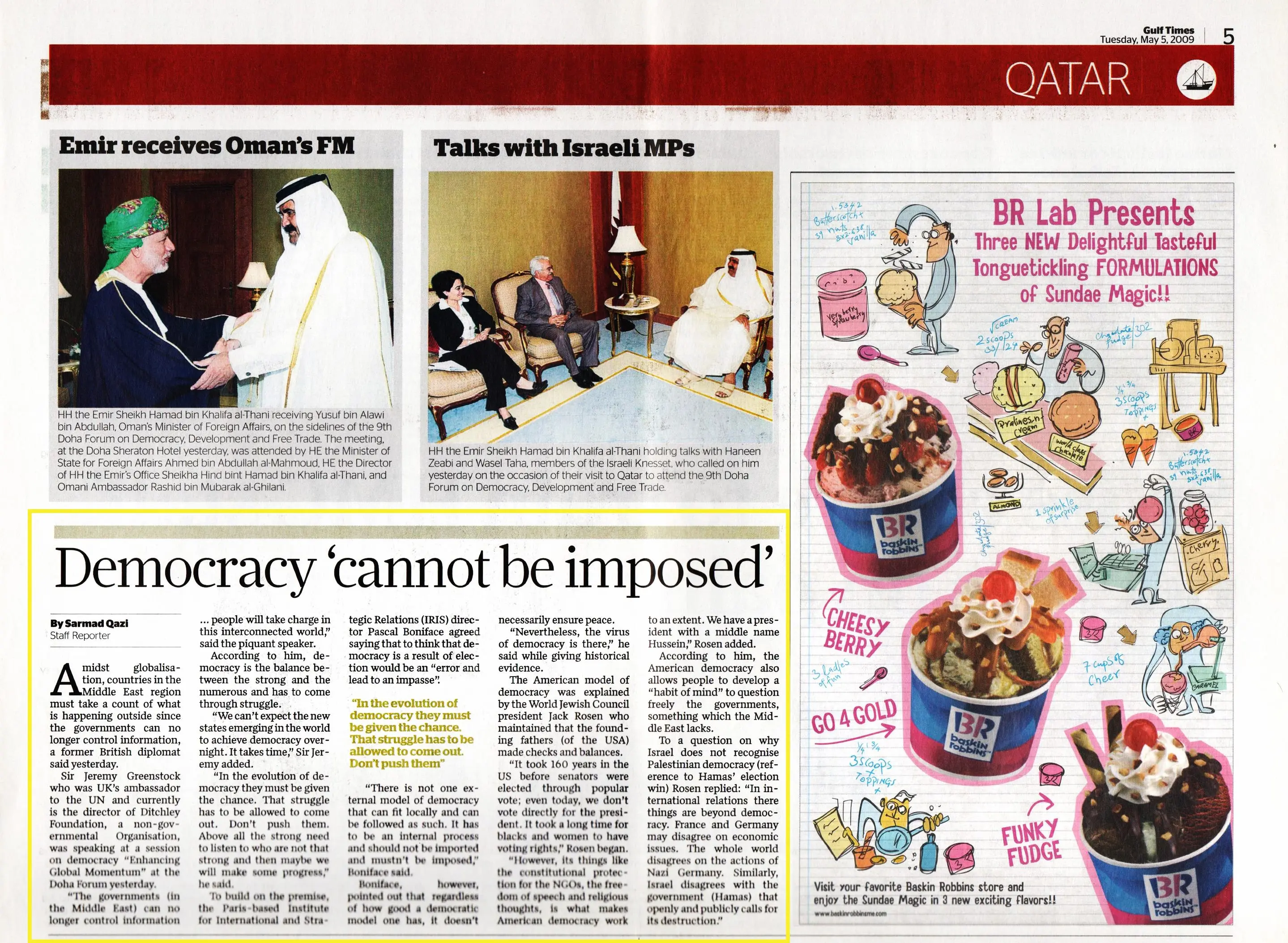 Original Gulf Times clipping: Democracy 'cannot be imposed'