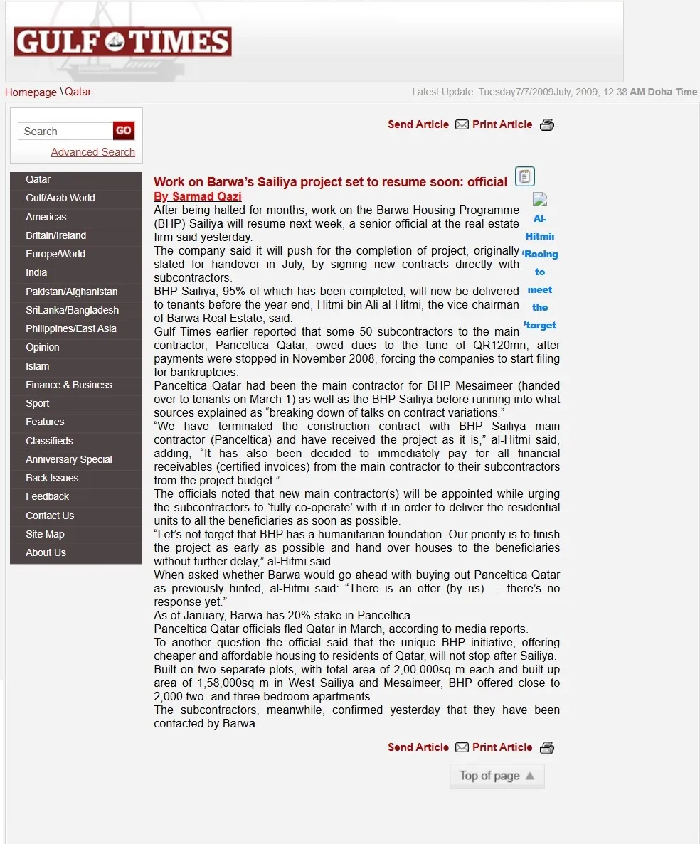 Original Gulf Times clipping: Work on Barwa’s Sailiya project set to resume soon: official