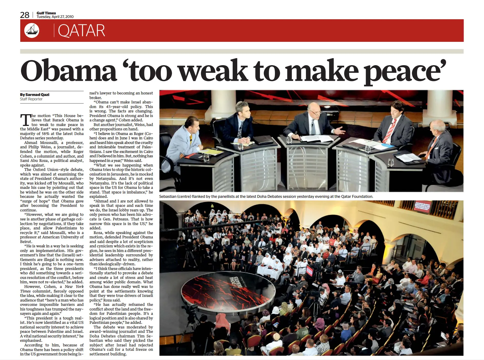 Original Gulf Times clipping: Obama 'too weak to make peace'