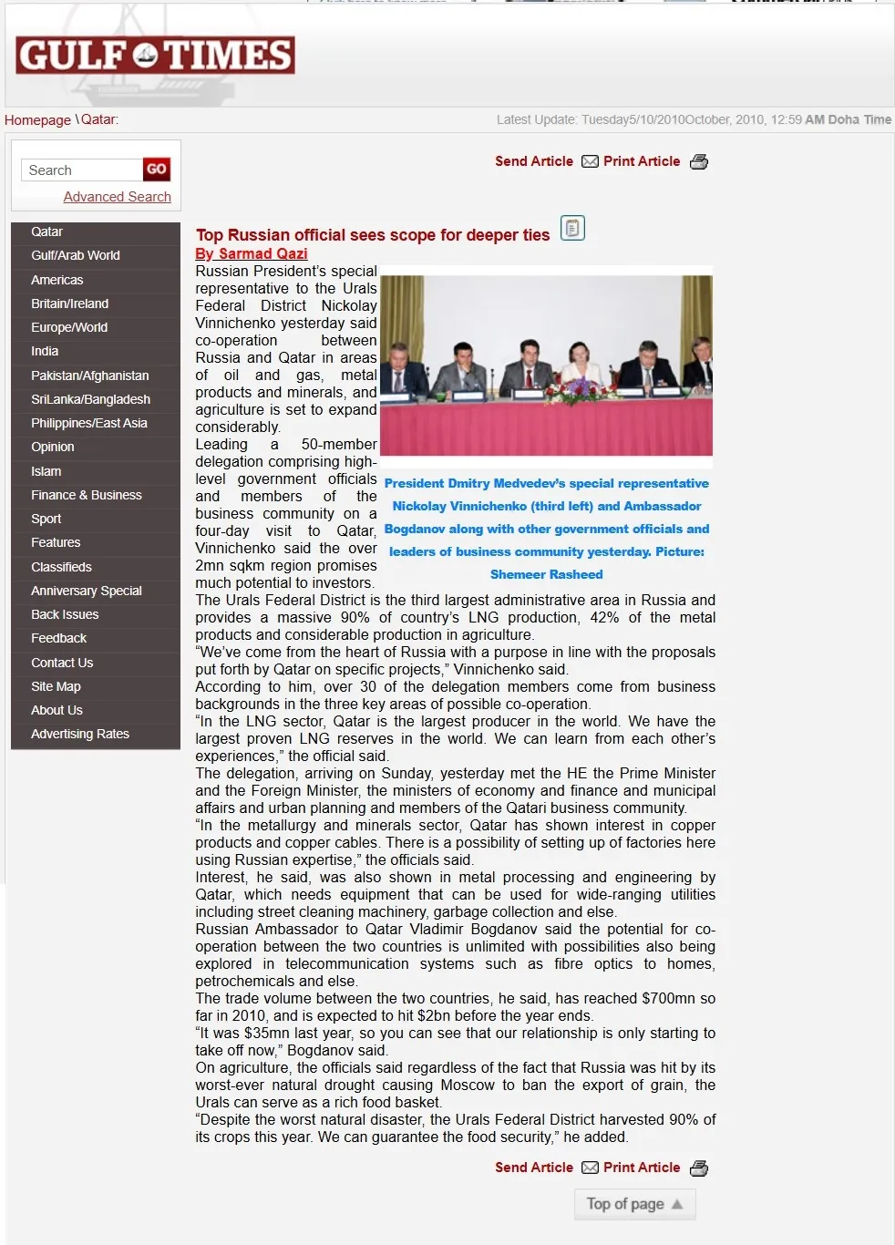 Original Gulf Times clipping: Top Russian official sees scope for deeper ties