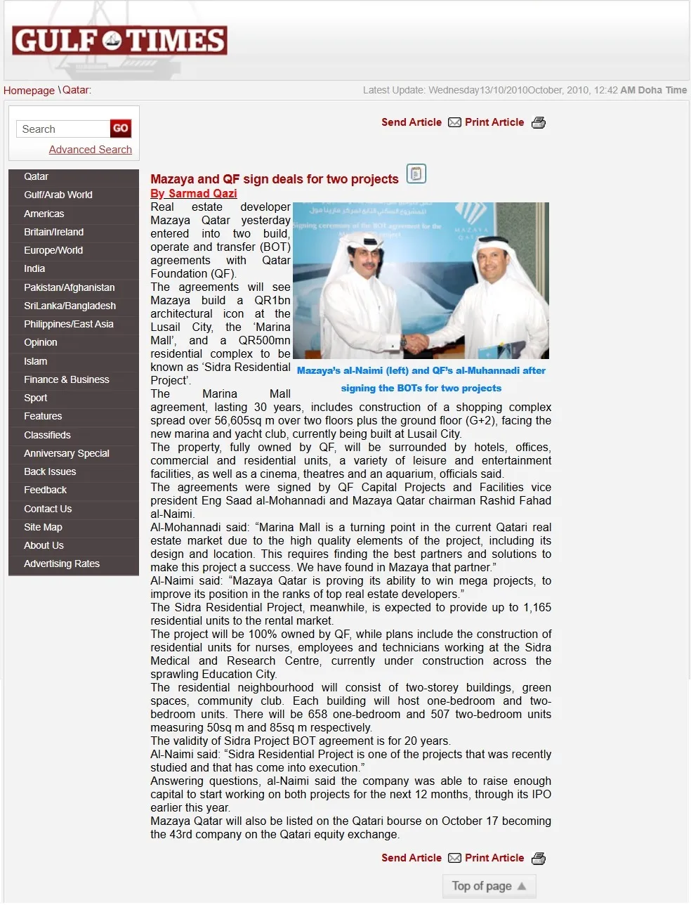 Original Gulf Times clipping: Mazaya and QF sign deals for two projects