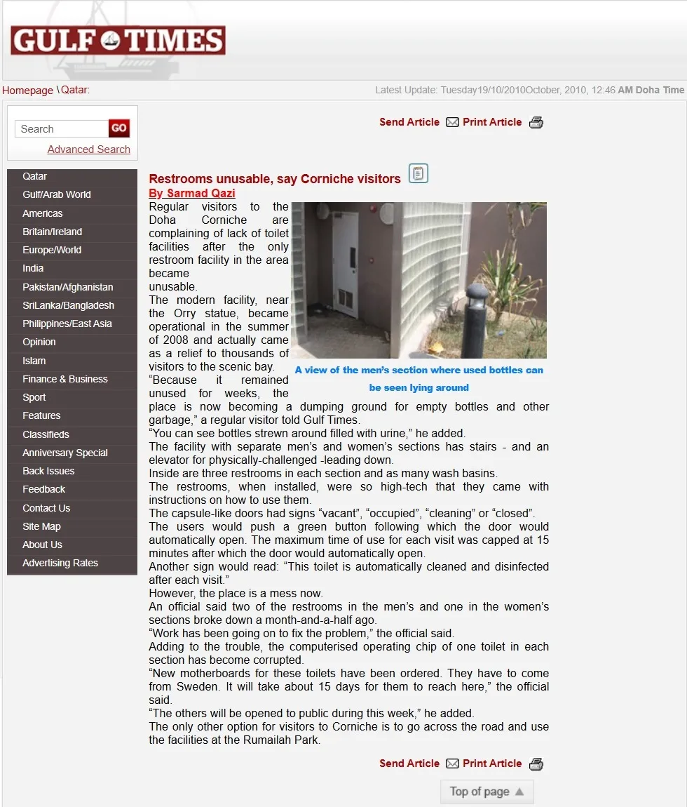 Original Gulf Times clipping: Restrooms unusable, say Corniche visitors