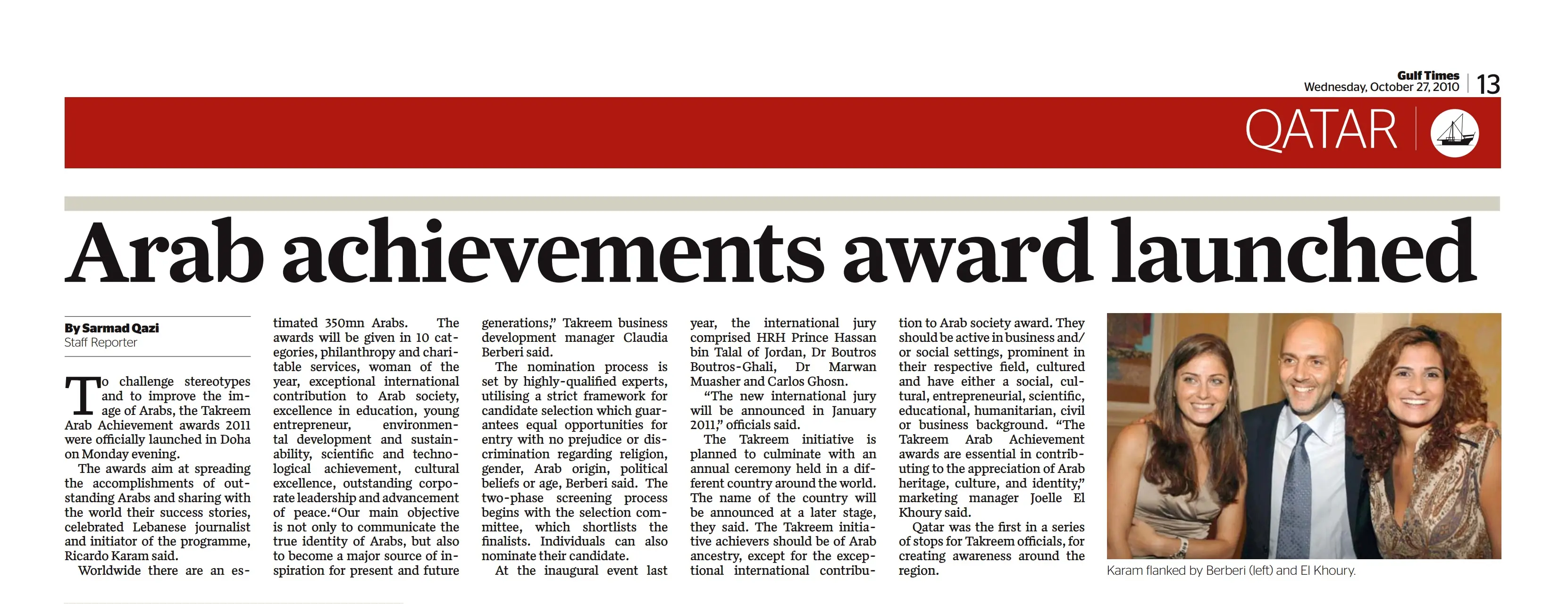 Original Gulf Times clipping: Arab achievements award launched