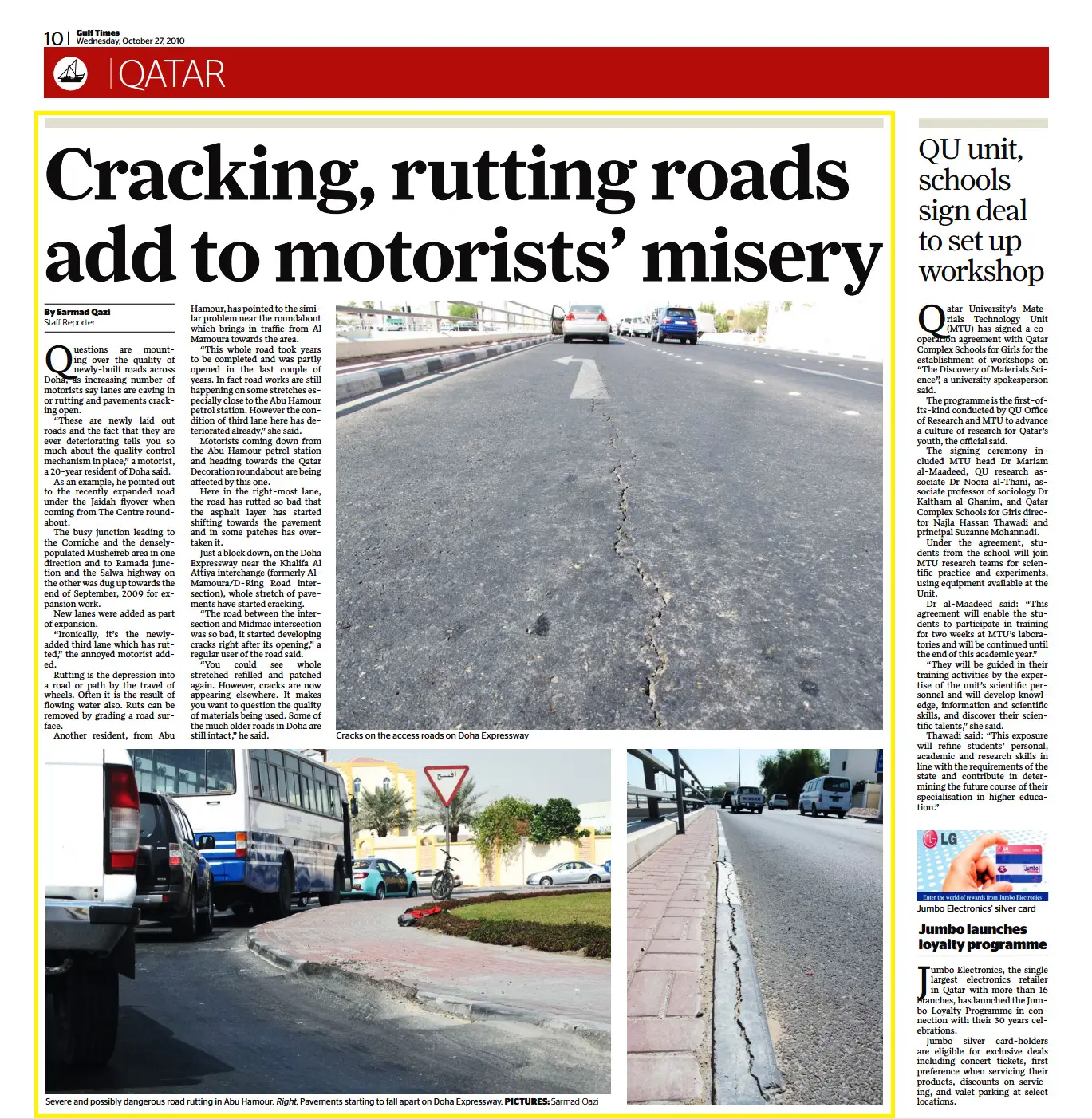 Original Gulf Times clipping: Cracking, rutting roads add to motorists’ misery