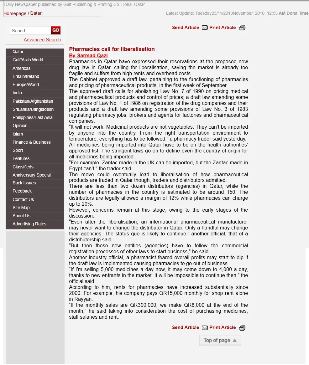 Original Gulf Times clipping: Pharmacies call for liberalisation