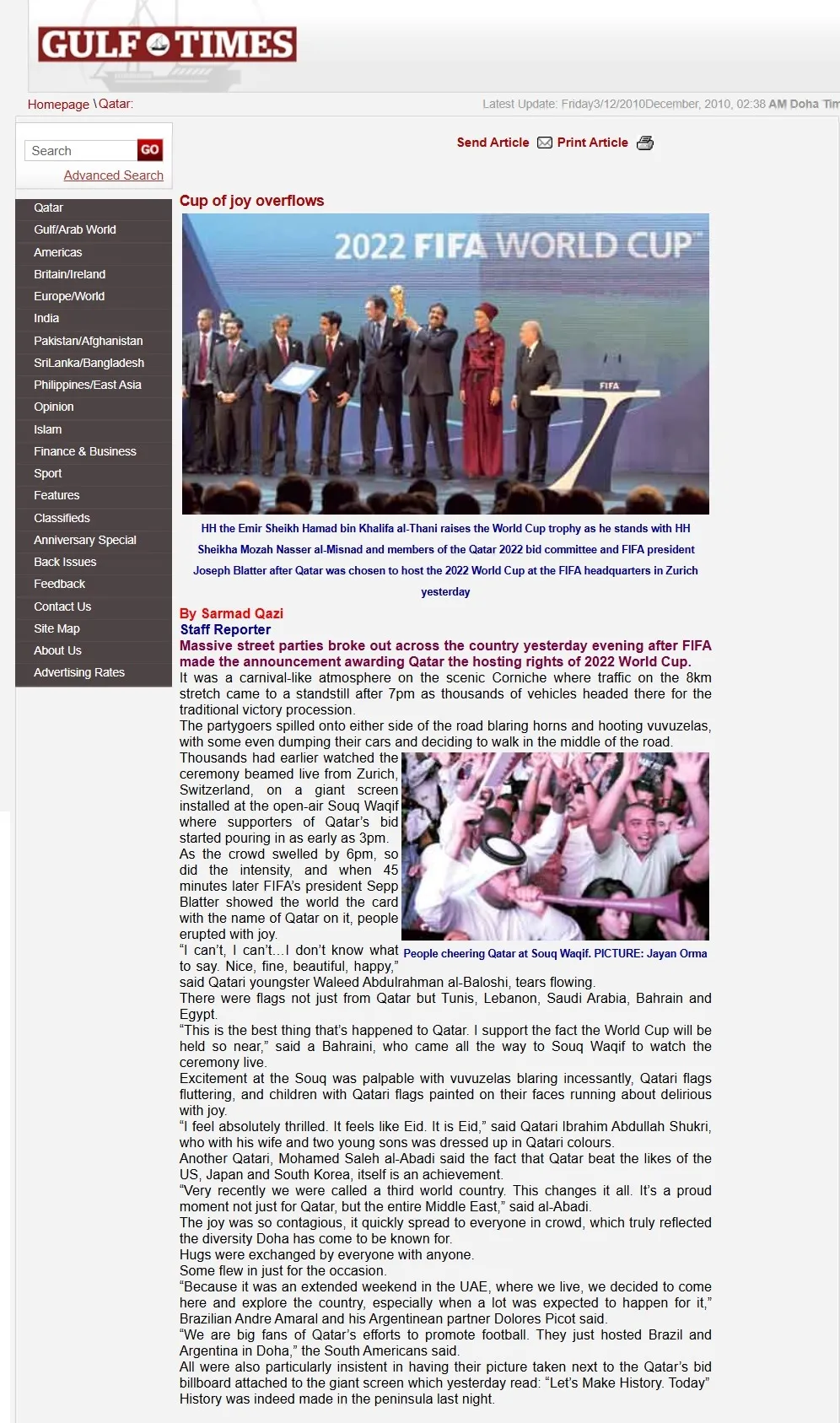 Original Gulf Times clipping: Cup of joy overflows