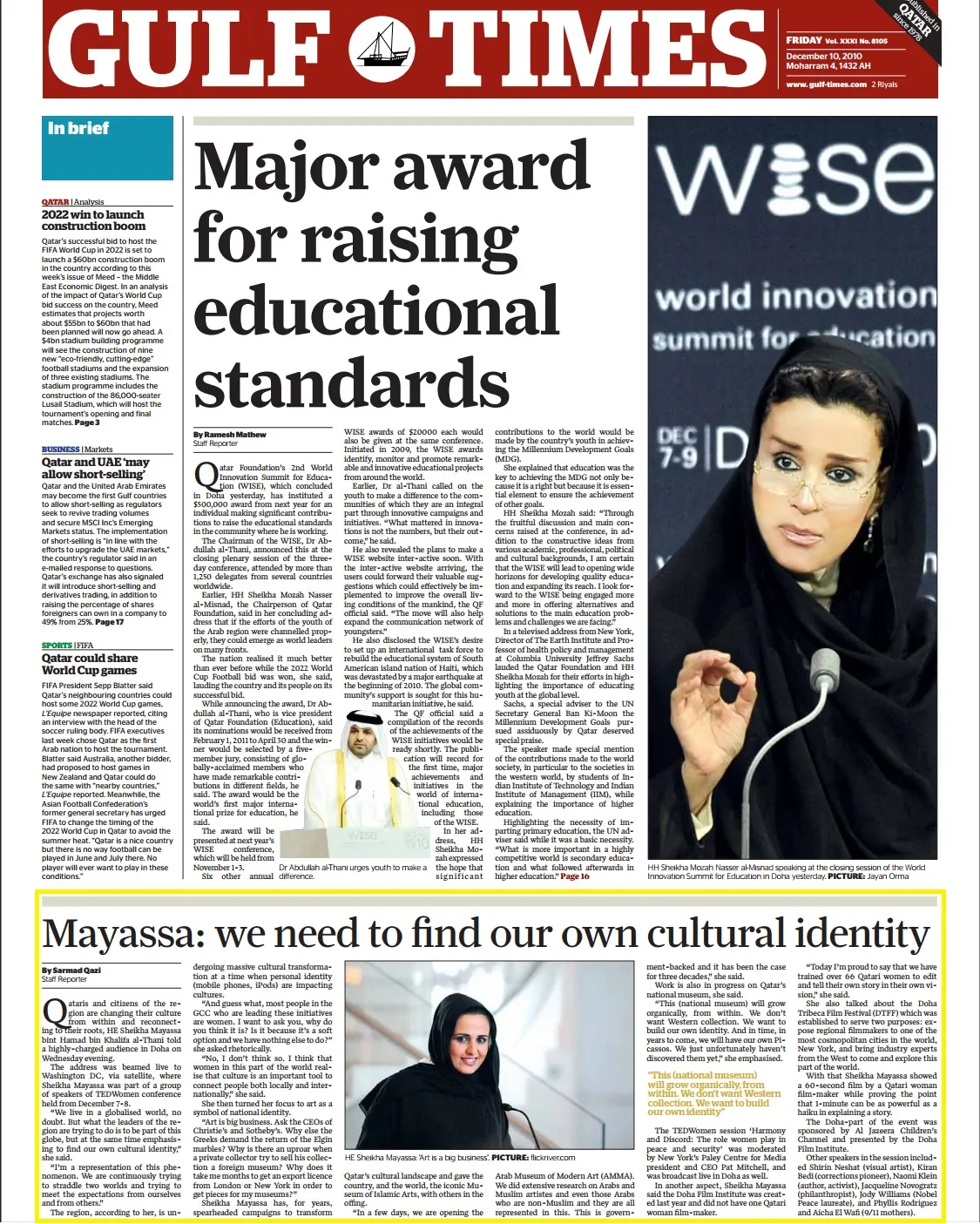 Original Gulf Times clipping: Mayassa: we need to find our own cultural identity