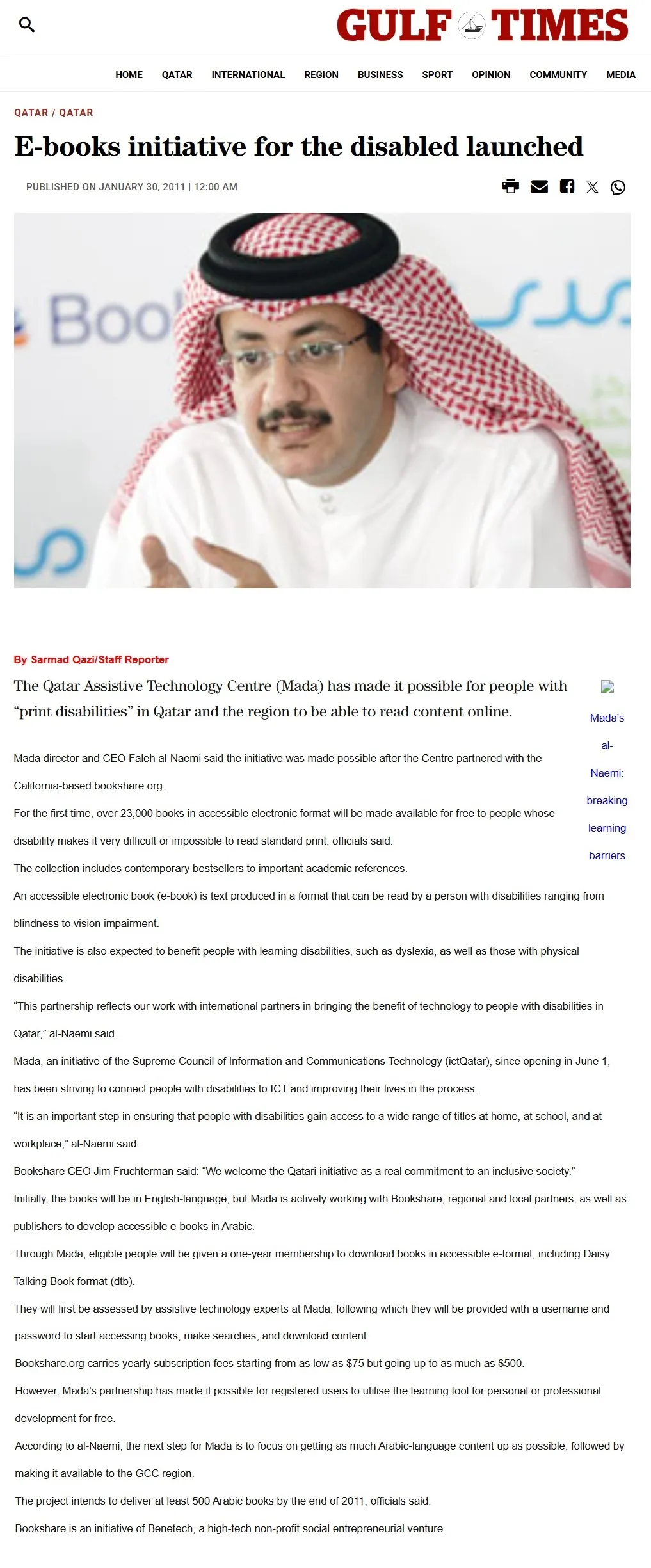 Original Gulf Times clipping: E-books initiative for the disabled launched