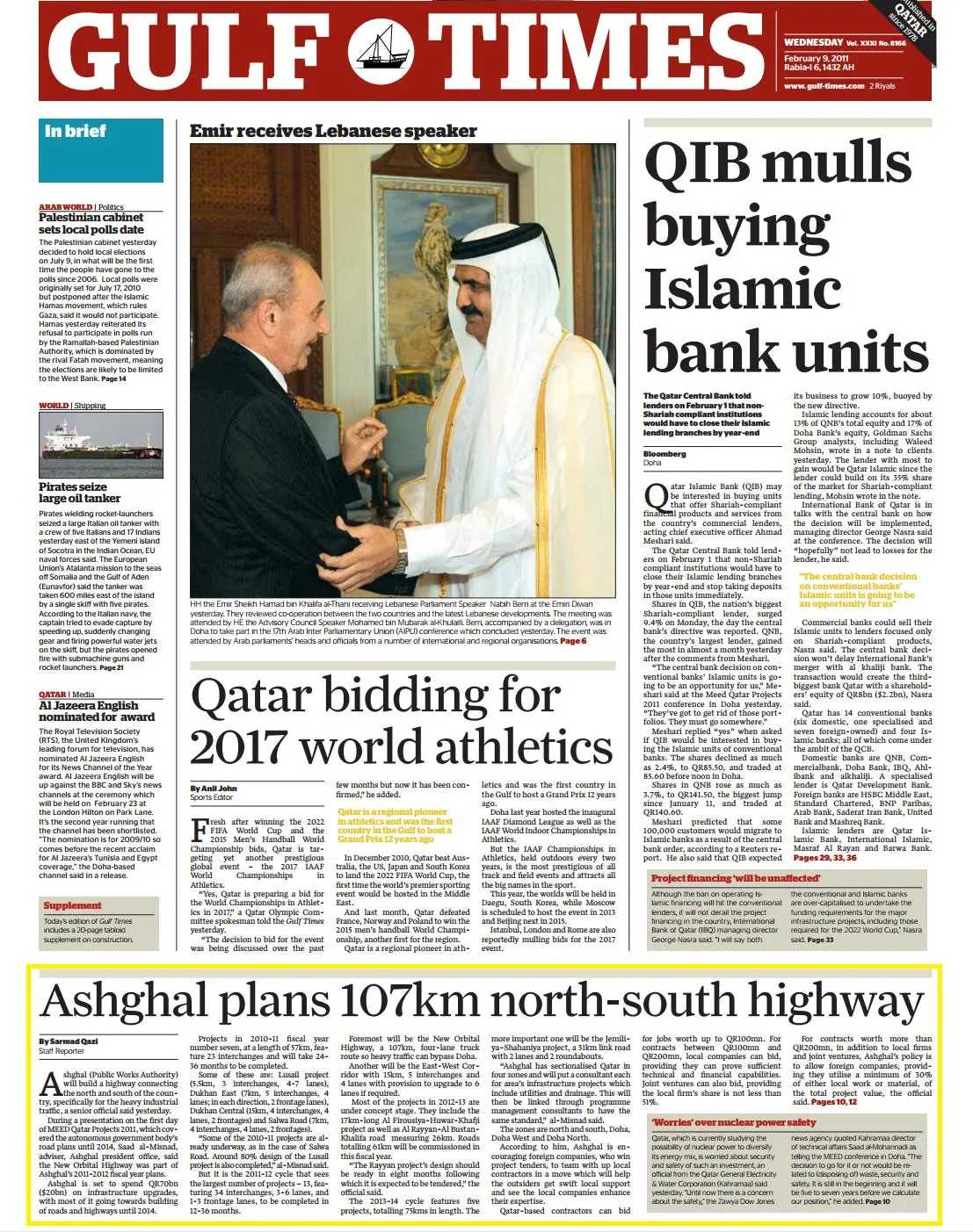 Original Gulf Times clipping: Ashghal plans 107km north-south highway